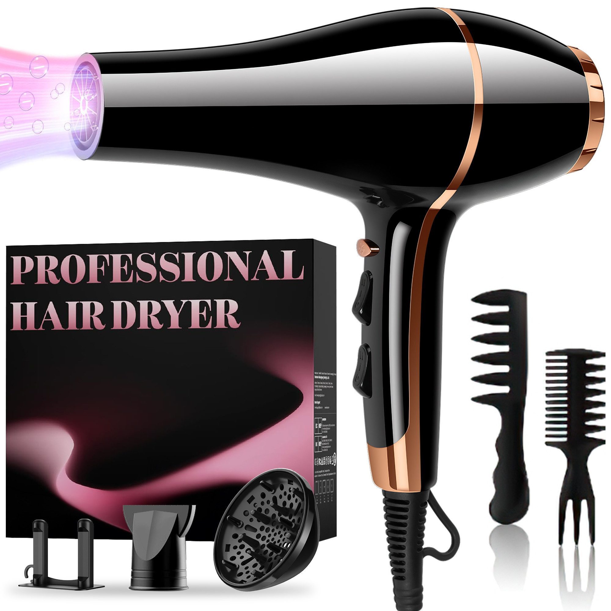 ibettertec Haartrockner Föhn,Ionen Professioneller Haartrockner mit Diffusor, 2400,00 W, Konzentrator-Düse, 2400W 5 in 1 Turbo-Motor, Hohe Luftgeschwindigkeit