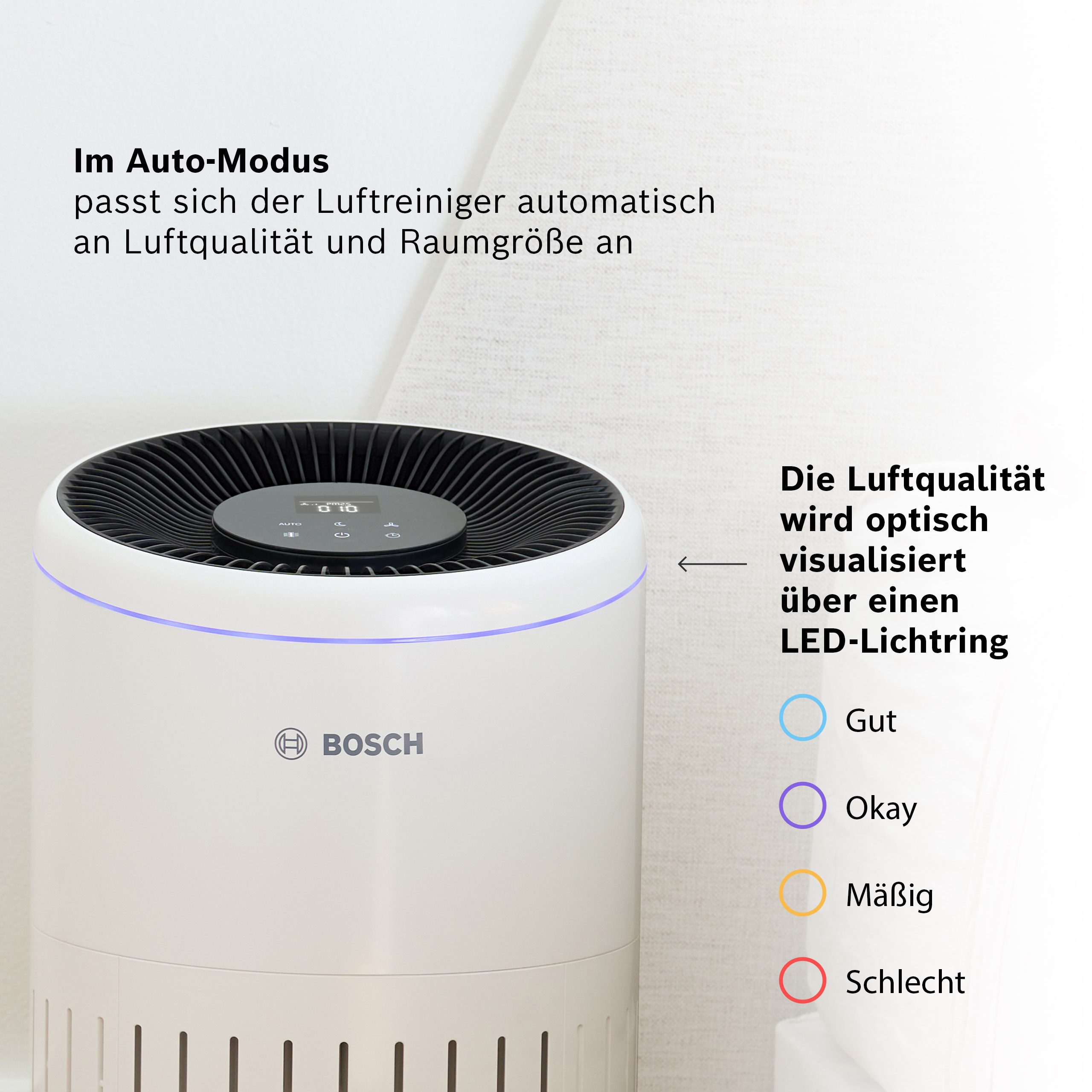 BOSCH Luftreiniger Air 4000, filtert über 99% der Schadstoffe, für 62 m² Räume, mit 3-in-1 Luftfilter, Automatik- und Ruhemodus