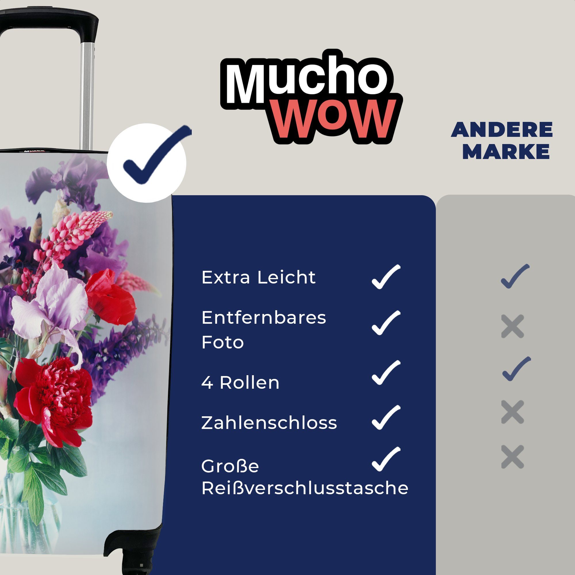 Rollen, MuchoWow rollen, Handgepäck Trolley, - Blumen Handgepäckkoffer - 4 für Reisekoffer Farben mit Reisetasche Vase, Ferien,