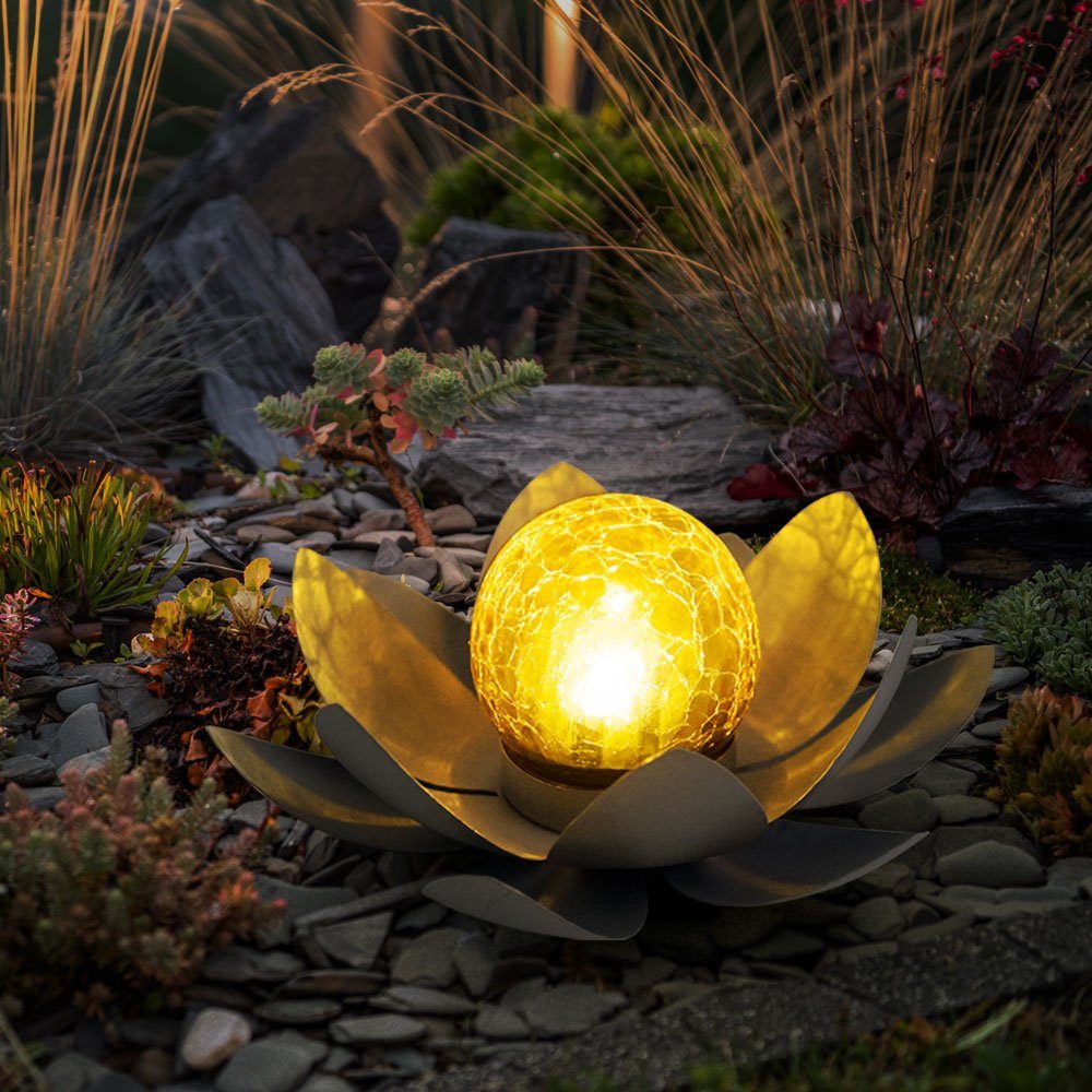 GLOBO LIGHTING LED Solarleuchte, LED-Leuchtmittel fest verbaut, Warmweiß, Solarlampe Außenleuchte Crackleglas amber Lotusblume LED Baummotiv