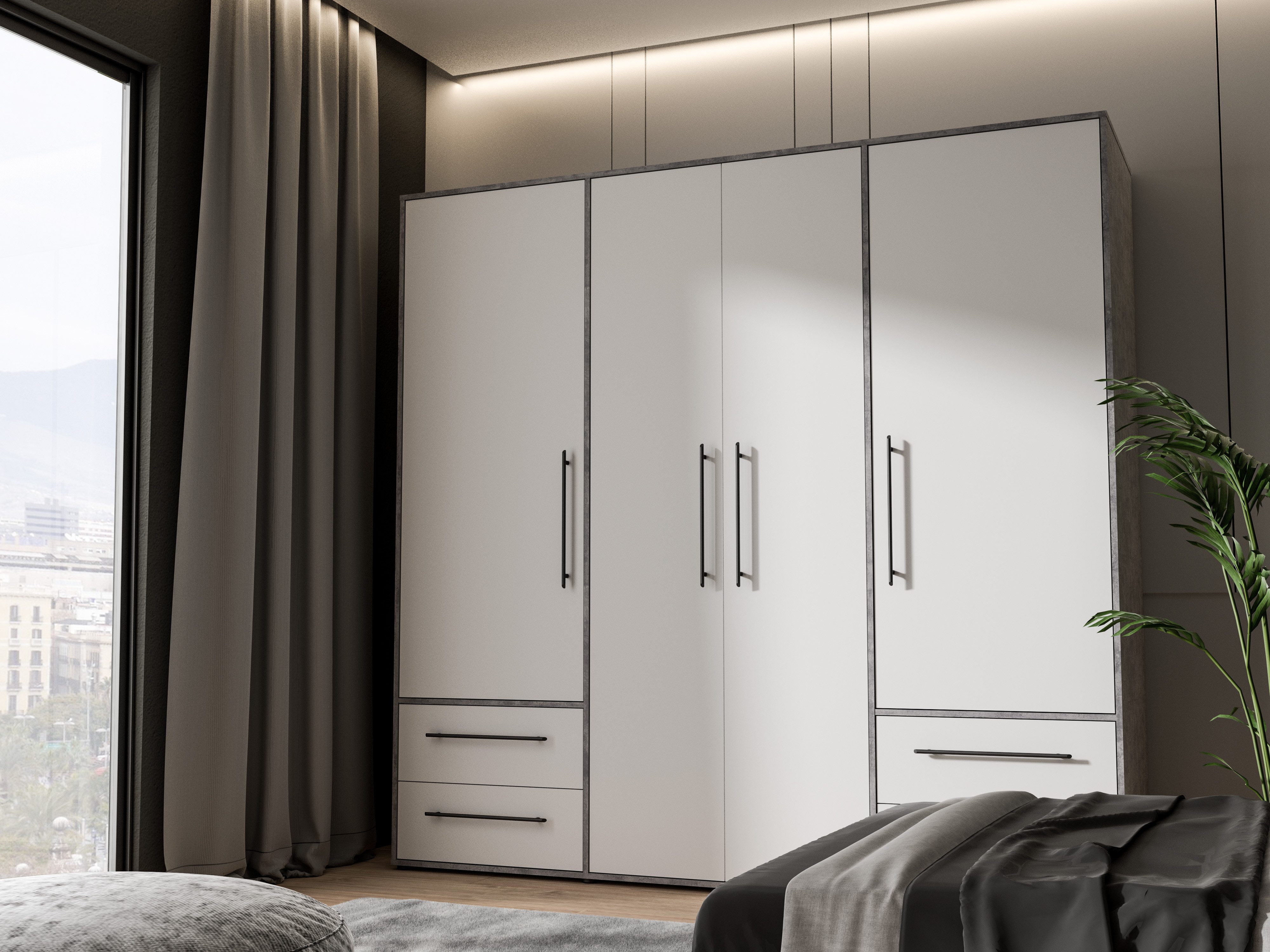 FORTE Kleiderschrank Mokkaris, Garderobe, zeitloses Design, 4 Türen, Made in Europe (B/H/T ca. 206x200x59cm) 4 Schubladen + schwarze Stangengriffe, Made in Europe, viel Stauraum