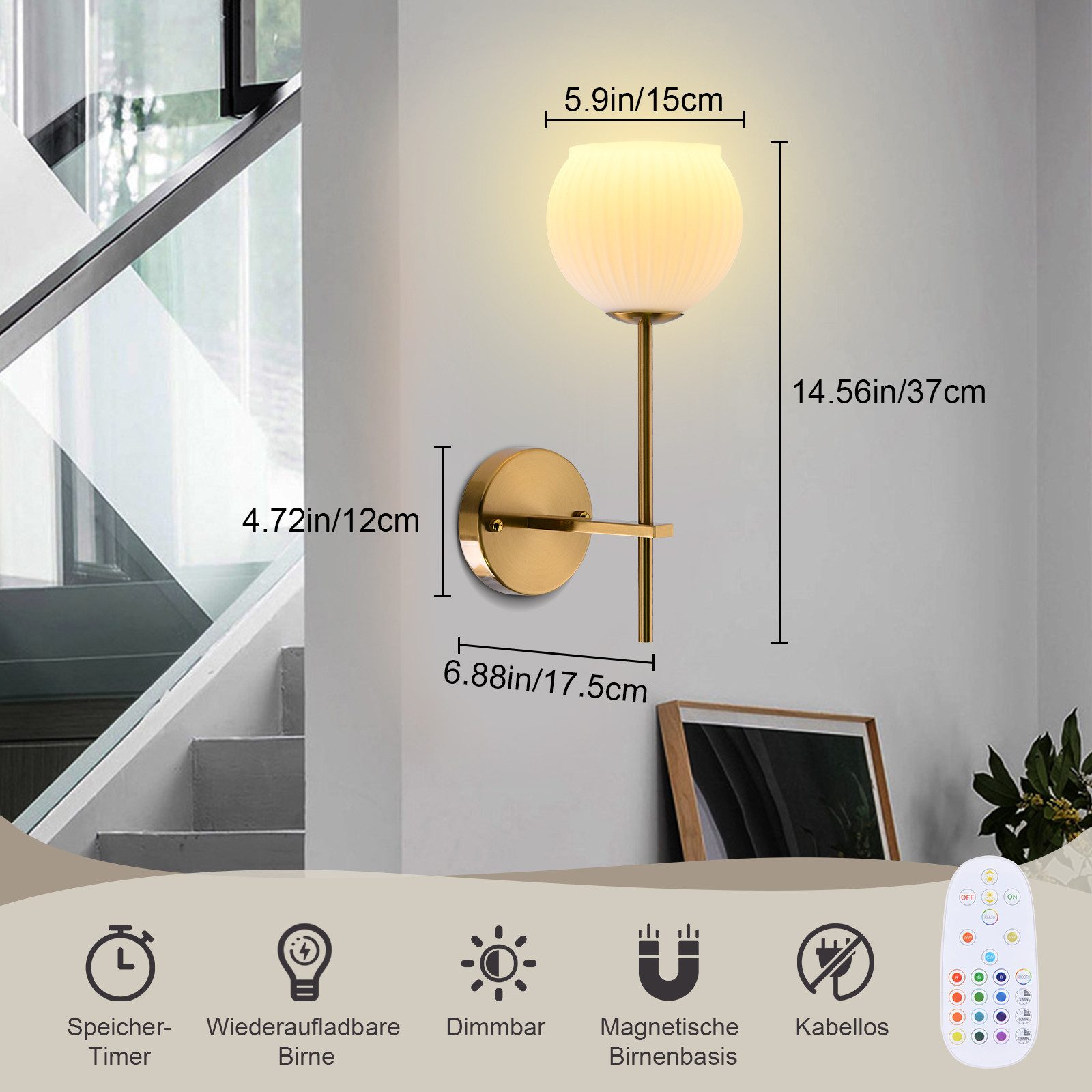 Lapalife Wandleuchte Dimmbare Wiederaufladbare LED Wandleuchte, 2 Stück, 3 Farbmodi, LED wechselbar, Drahtlos Wandleuchte mit Fernbedienung, 12 RGB für Schlafzimmer