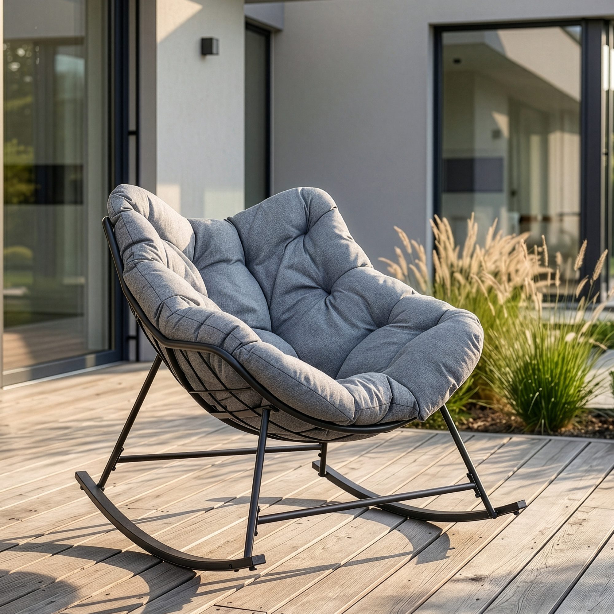 en.casa Schaukelstuhl, outdoor »Villeneuve« mit Kissen 85x90x91 cm Schwarz / Grau