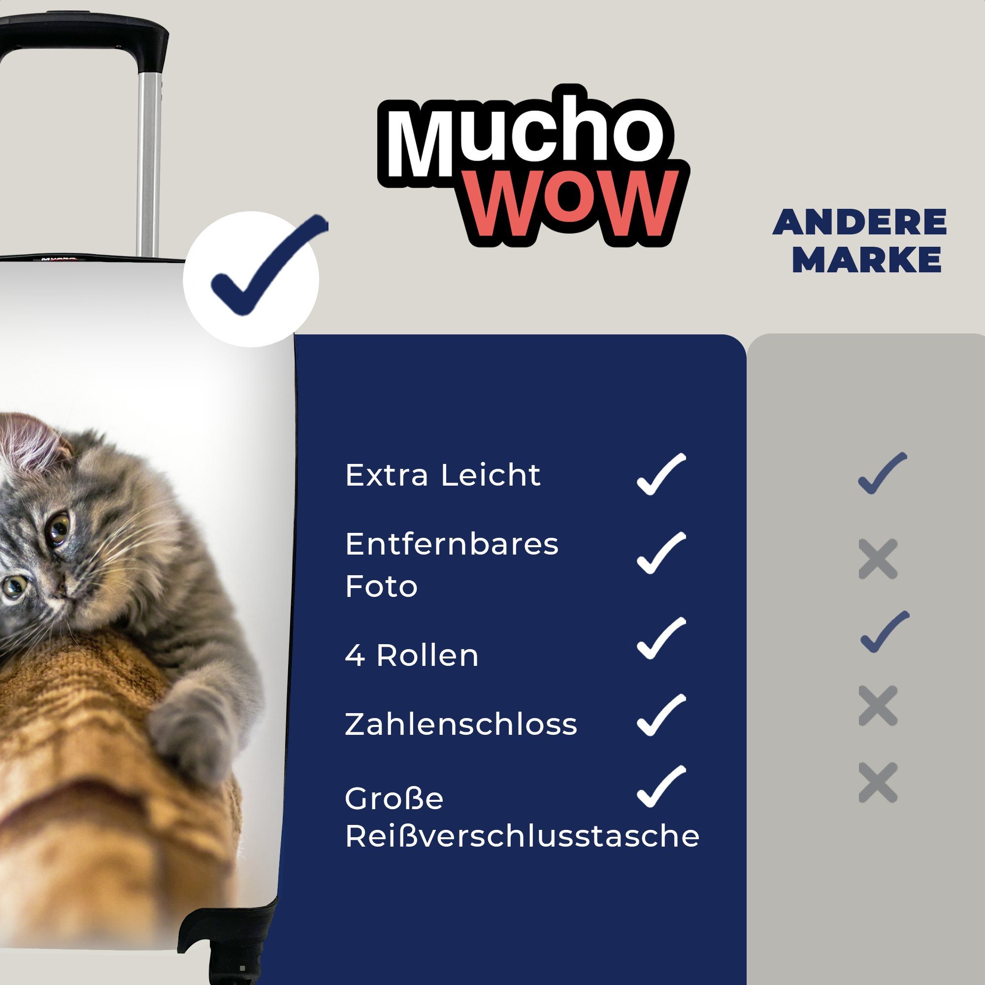 MuchoWow Handgepäckkoffer Katze - rollen, Kratzbaum Handgepäck - 4 Reisetasche für Grau, Ferien, Trolley, Rollen, Reisekoffer mit