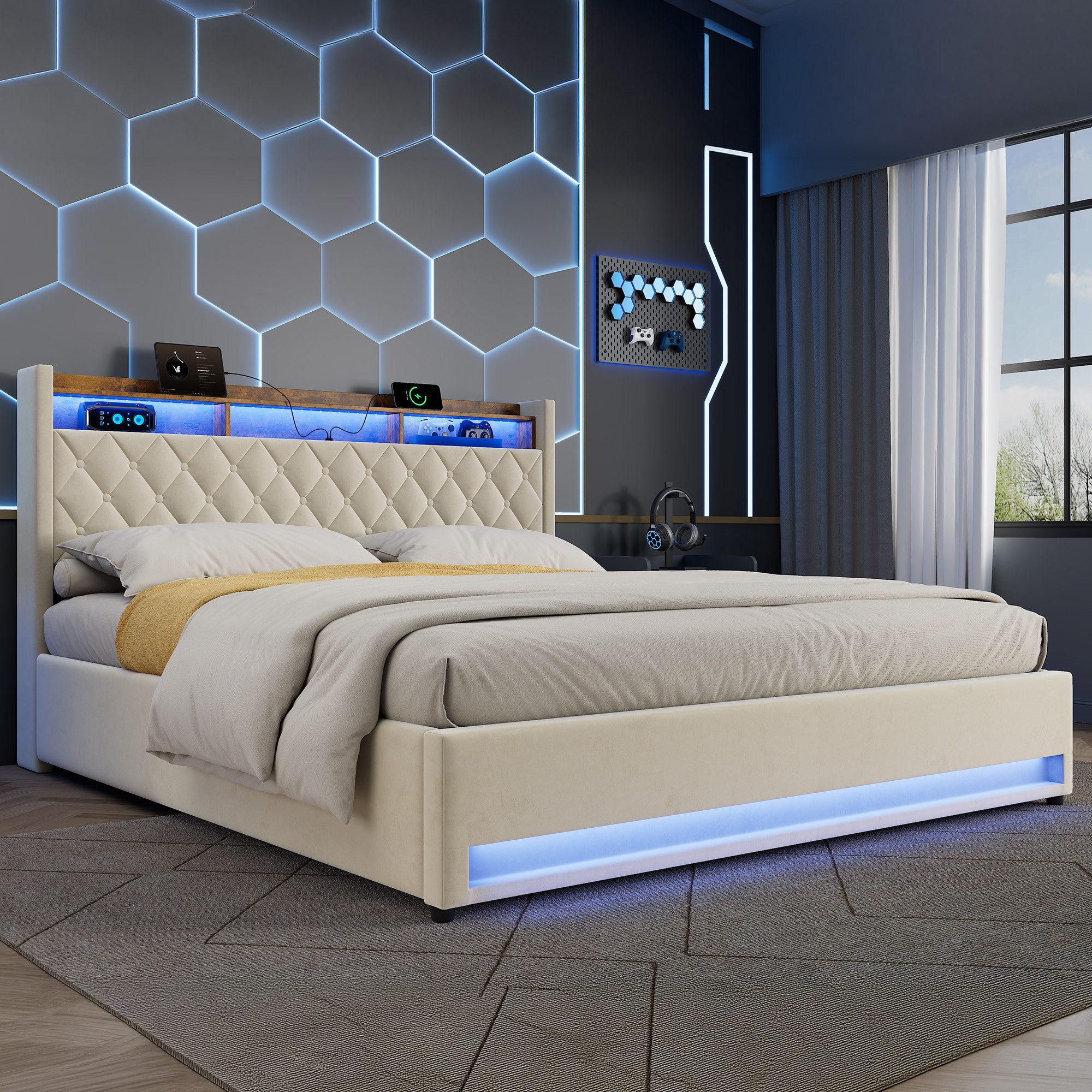 REDOM Polsterbett mit Premium-Samt – Stabil, Komfortabel, Zeitlos (Robuster Holz-Eisen-Rahmen • Atmungsaktiver Schaum • Inklusive Lattenrost, 1-tlg., 180*200), Mit LED-Lichtleiste und USB-Aufladung
