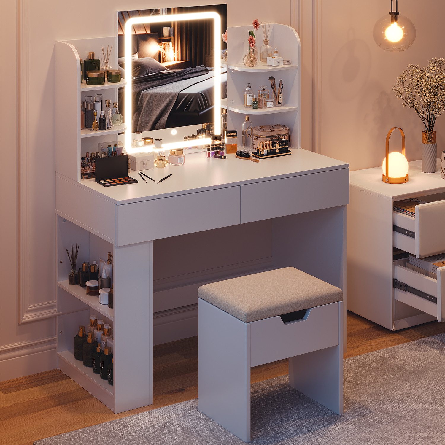 HOMALL Schminktisch mit Spiegel, LED-Beleuchtung, einstellbare Helligkeit, 2 Schubladen (L*B*H) 90*40*135 cm 8 offene Fächer (2 Seitenfächer können von links nach rechts umgestellt werden) 2 große Schubladen)