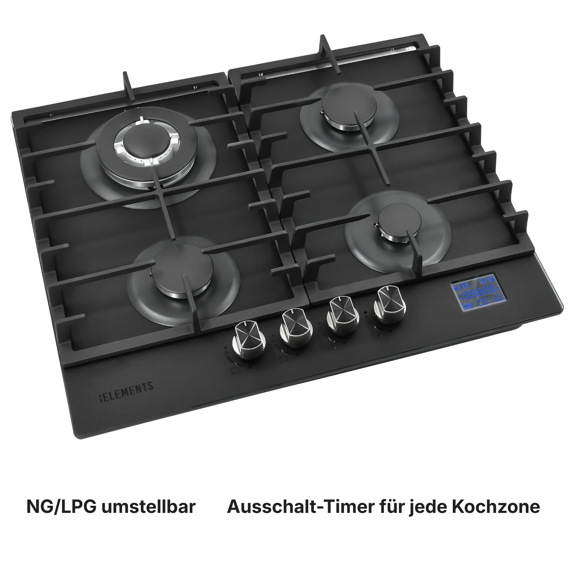 KB Elements Gas-Kochfeld, DIGITALER GAS-STOP-TIMER, MATTE, HITZEBESTÄNDIGE GLASOBERFLÄCHE