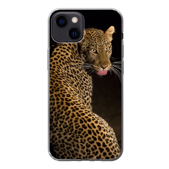 MuchoWow Handyhülle Leopard - Zunge - Nacht Handyhülle Apple iPhone 13 Mini Smartphone-Bumper Print Handy