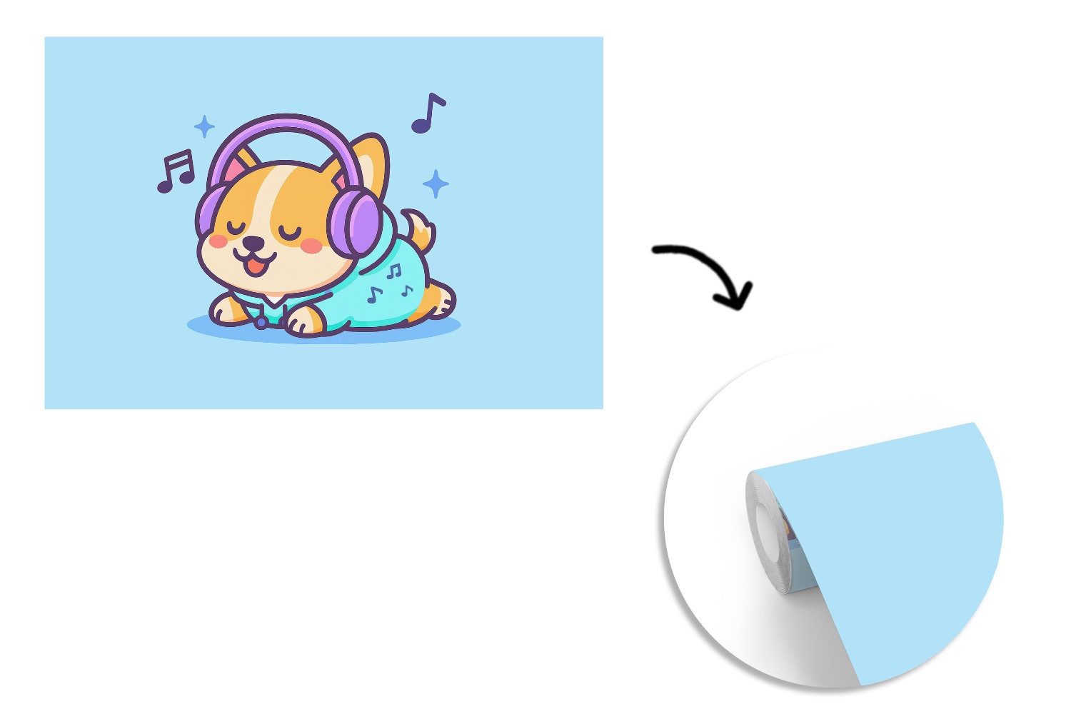 MuchoWow Fototapete Corgi - Kopfhörer - Blau - Musikalische Noten, Matt, bedruckt, Wallpaper für Wohnzimmer, Schlafzimmer, Vinyl Tapete, 390x260 cm