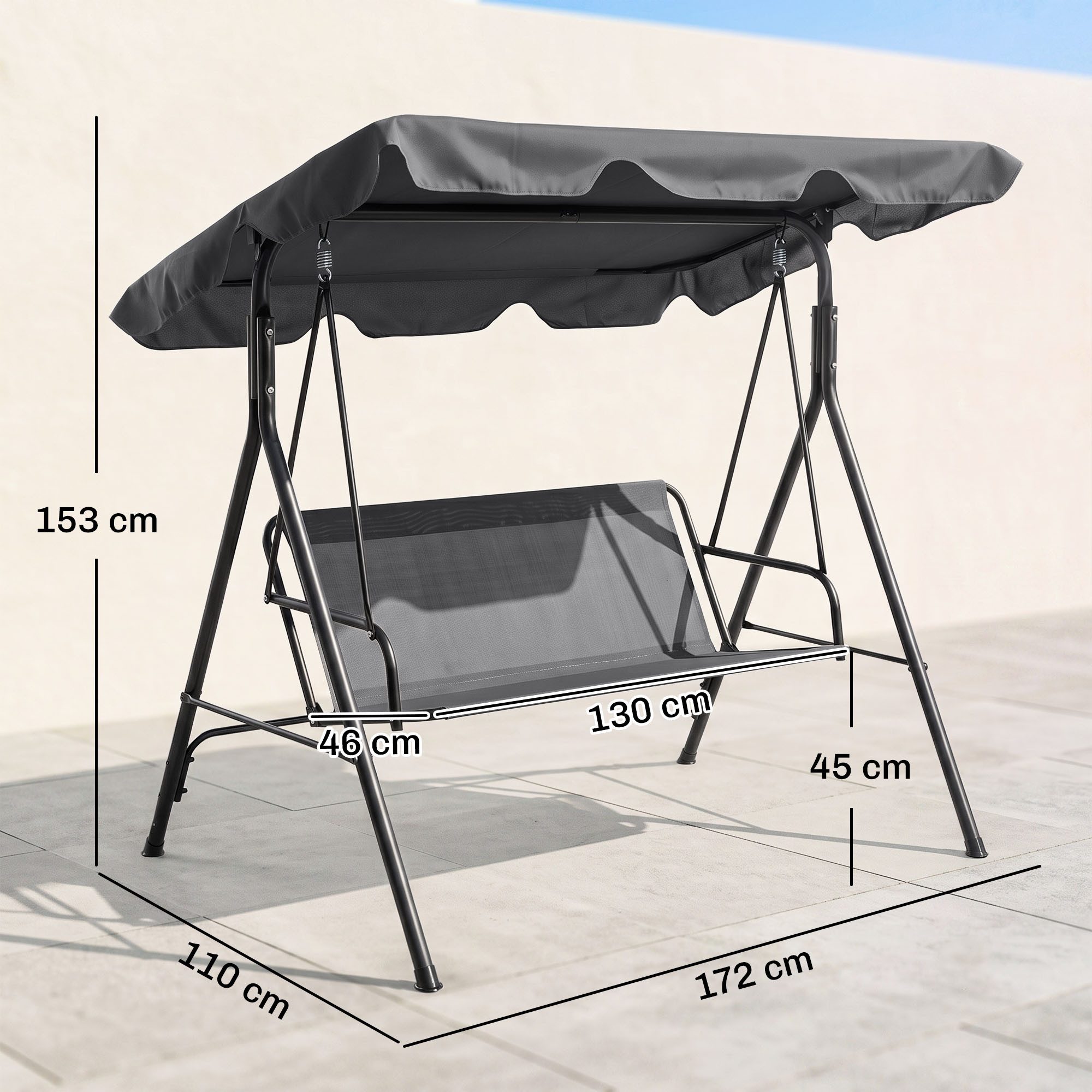 Outsunny Hollywoodschaukel Gartenschaukel, verstellbar, Schaukelbank belast bis 240 kg, 3-Sitzer, mit Sonnendach, 3-Sitzer Gartenschaukel, 1 tlg., Schaukelbank, für Garten, Terrasse, 172 x 110 x 153 cm, Grau