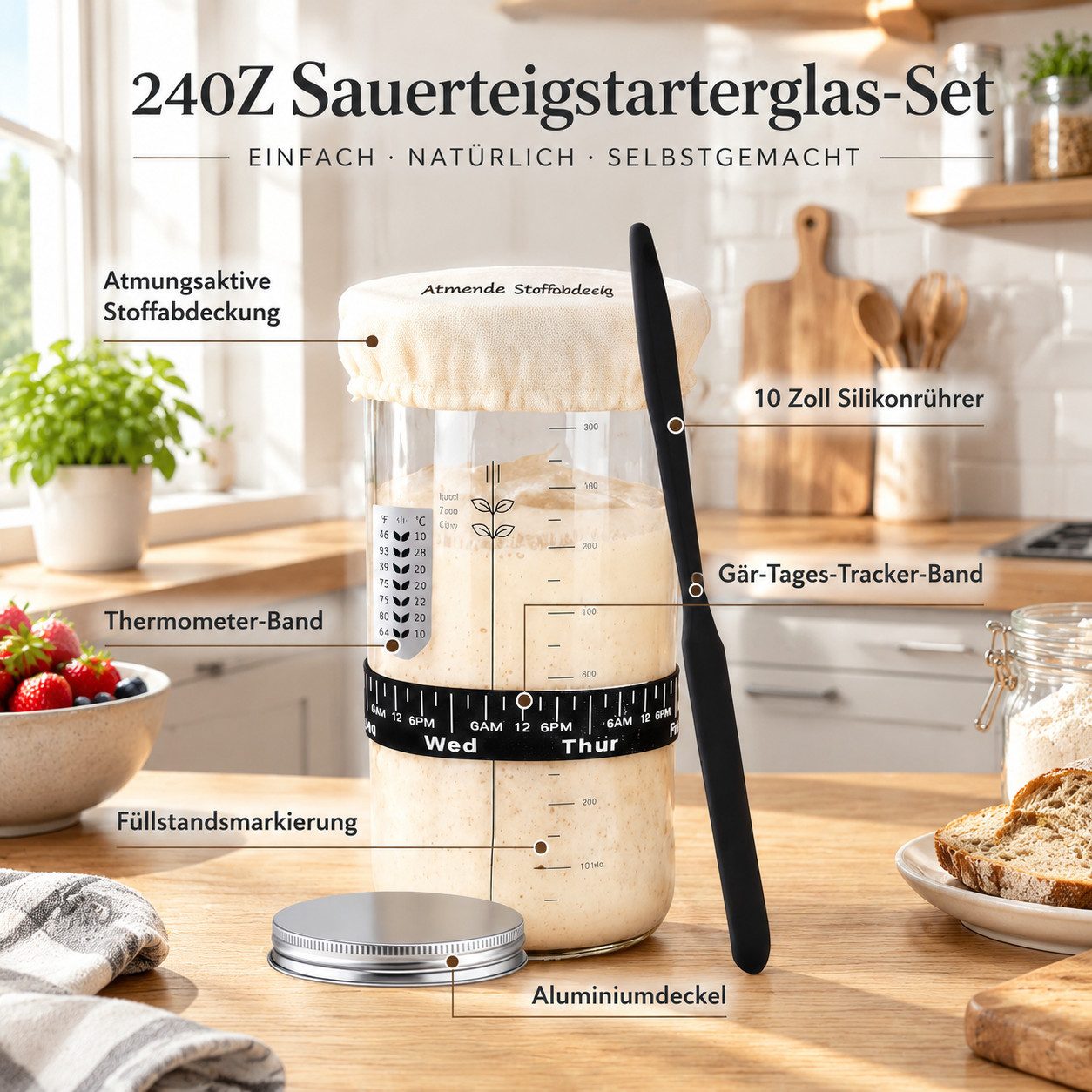 GLIESE POWER Gärkorb -Set 13-teilig oval – mit Leinen-Einlage, Teigschaber & Messer, (13-tlg), 13-teilig, Rattan, Leinen-Einlage, Messer – für perfektes Brot. – Bild 3 von 5