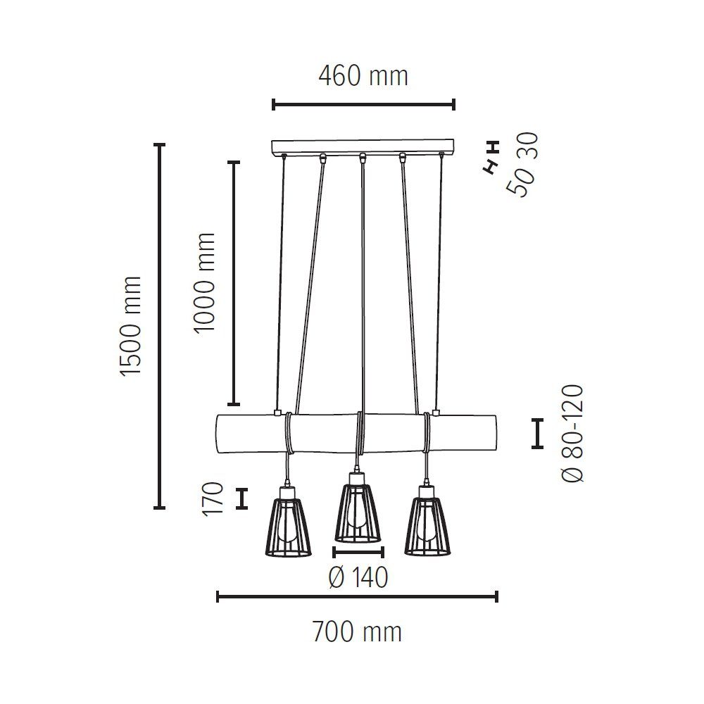 SPOT Light Naturprodukt, Massivholzbalken mit Pendelleuchte Leuchtmittel, TRABO, ohne cm, 8-12 Hängeleuchte, Ø Kürzbar