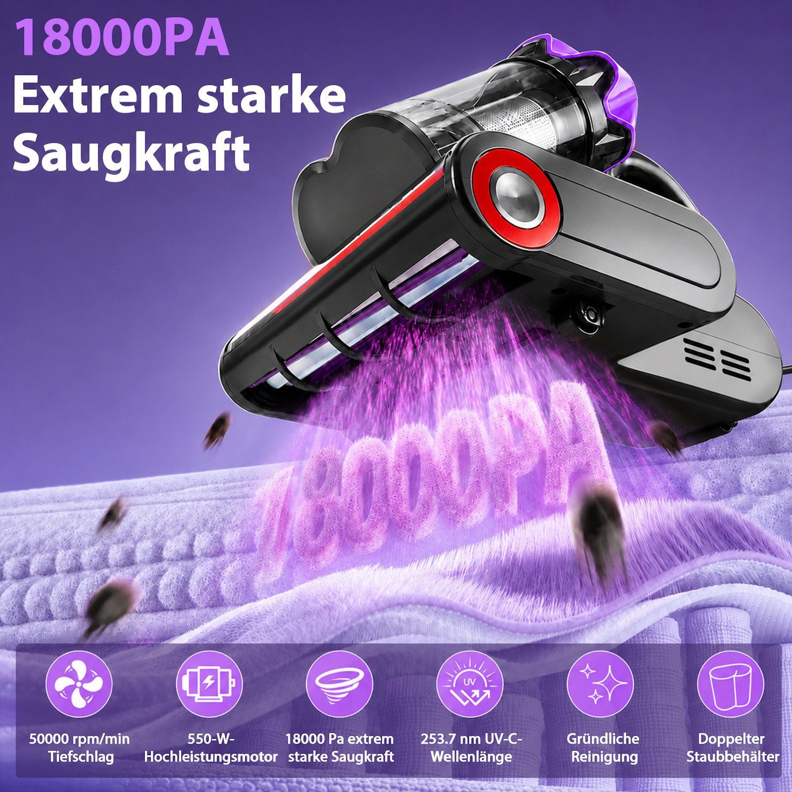 Grenintol Matratzenreinigungsgerät 18.000Pa Milbenstaubsauger mit Sensor, UV-C-Licht, 65 °C Heißluft, 550 W, Beutelloser Milbensauger mit HEPA-Filter, Vibrationsbürste mit Klopffunktion, Staubsensor und Diffusionsfilter, kompakter Milben-Handstaubsauger für Matratzen, Sofas und Kissen