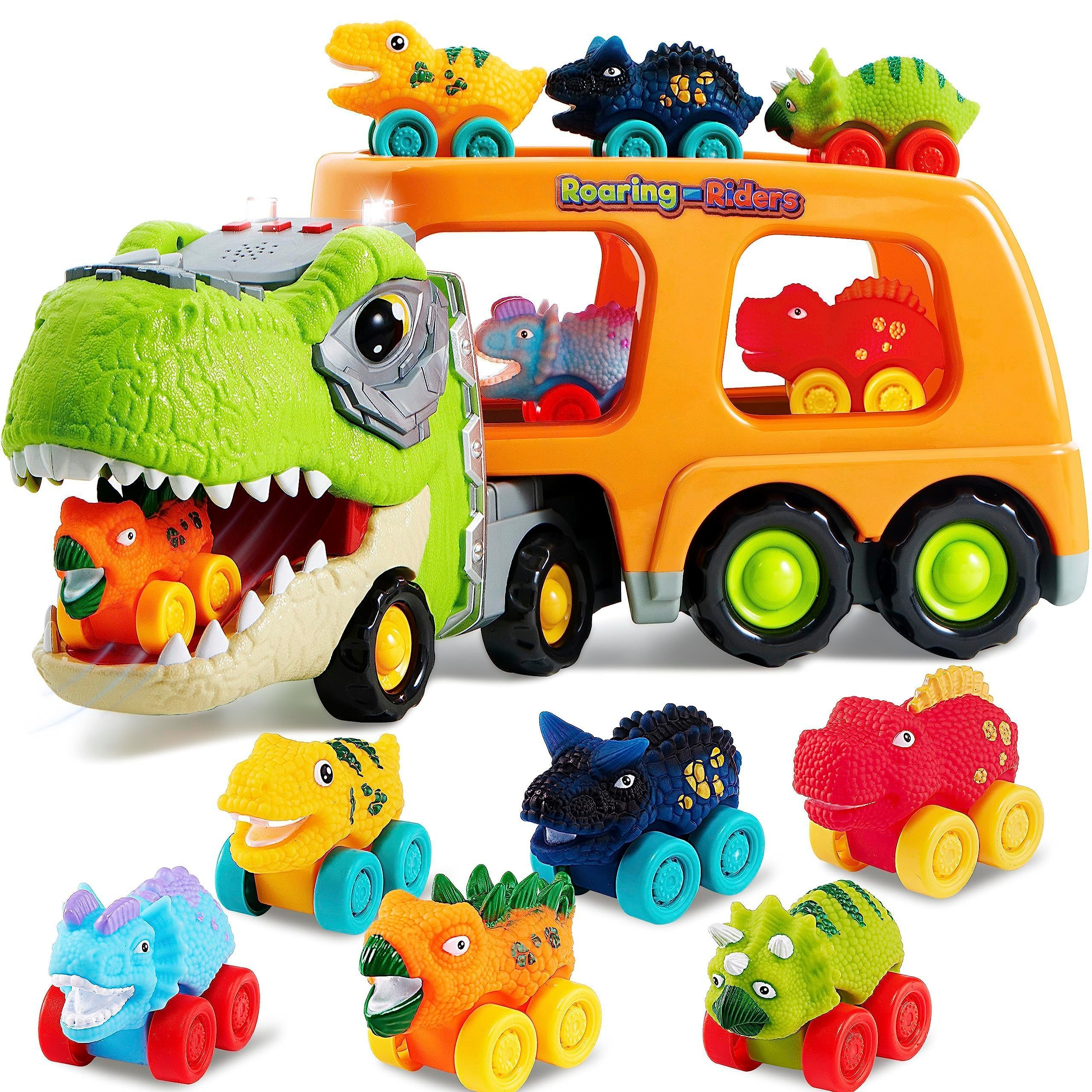 JOYIN Spielzeug-Transporter JOYIN Dino-Spielzeug für Kinder 2-4J, Dino-LKW mit 6 Gummifahrzeugen