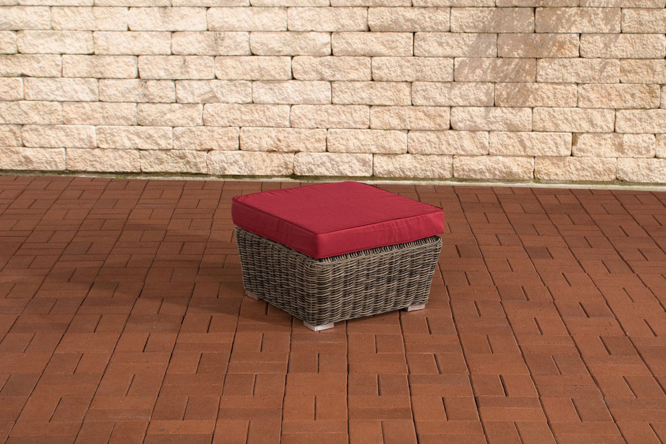 TPFGarden Fußhocker Mandy - aus wetterfestem und UV-beständigem Polyrattan (Farbe - Korpus: grau-meliert Sitzkissen: rubinrot), kantiges und modernes Design