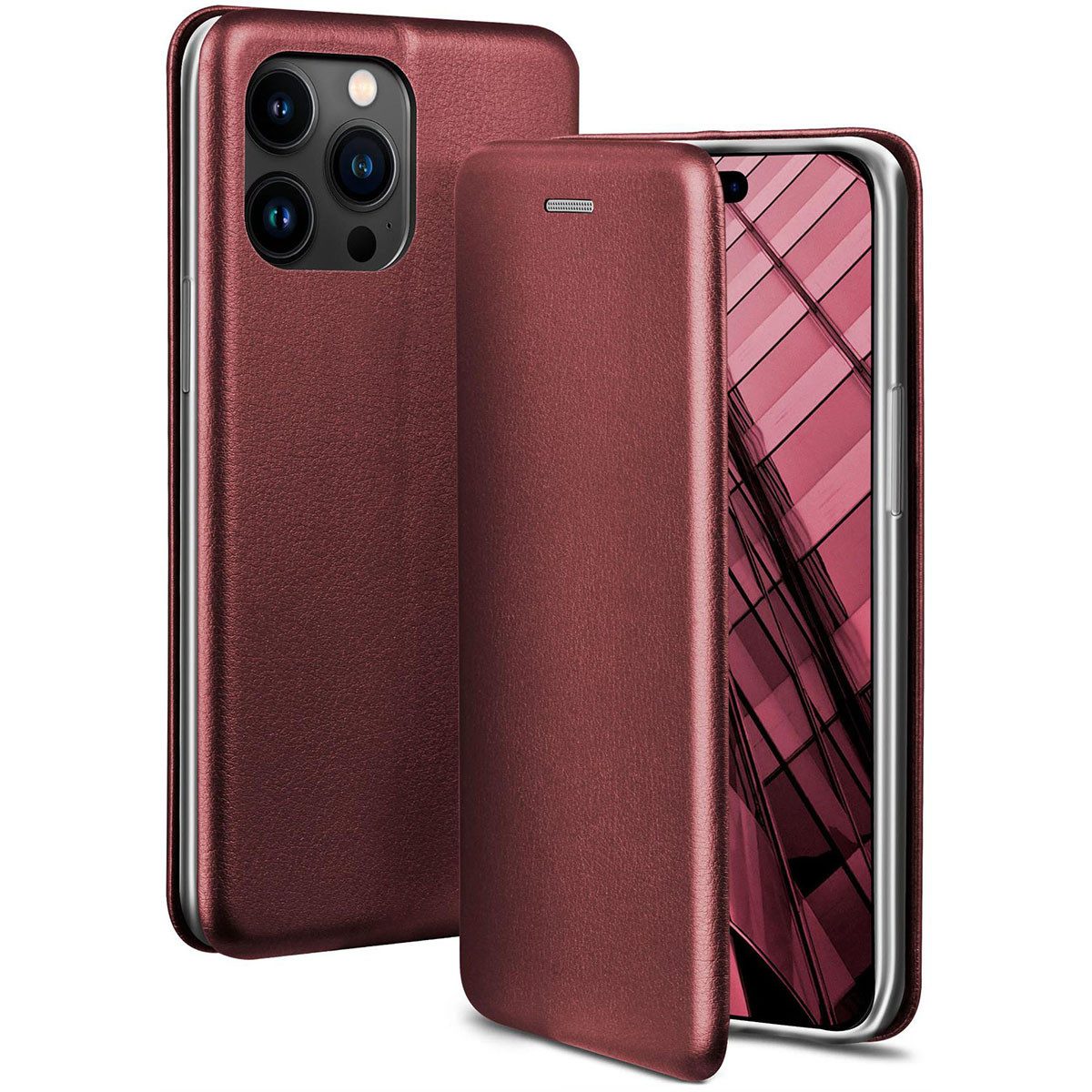 ONEFLOW Handyhülle für iPhone 15 Pro Max Premium Hülle Business Cover Rot 6,7 Zoll, 360 Grad Schutzhülle Flip Case Etui Klapphülle Dünn Leder Handy Tasche