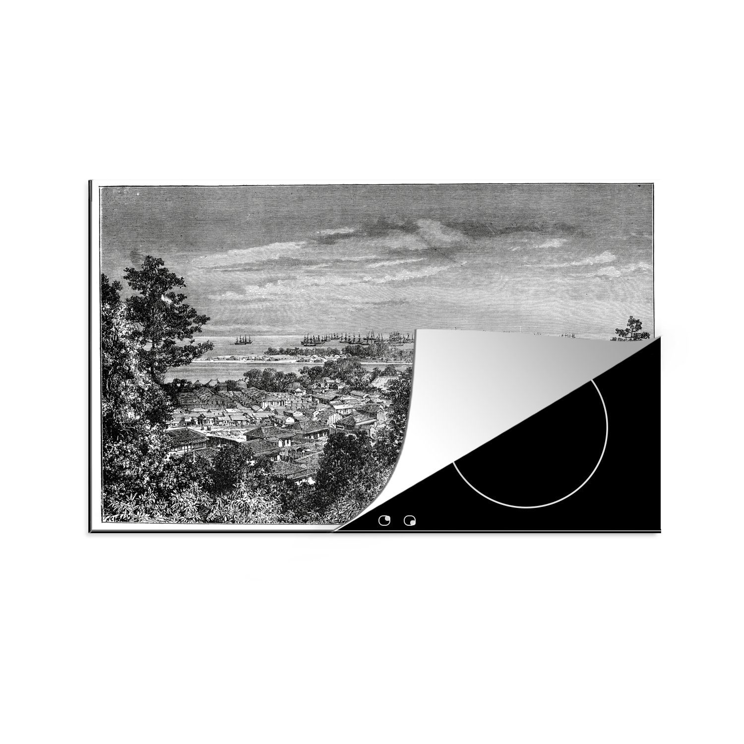 Yokohama Vinyl, von MuchoWow 81x52 Herdblende-/Abdeckplatte Japan, cm, küche, für Ceranfeldabdeckung Schwarz-Weiß-Abbildung in (1 die Schutz Induktionskochfeld tlg),