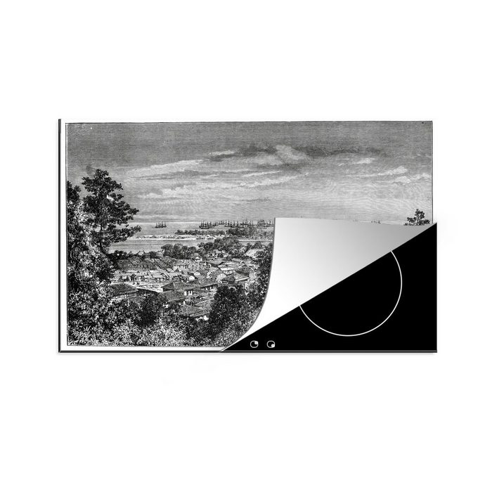 MuchoWow Herdblende-/Abdeckplatte Schwarz-Weiß-Abbildung von Yokohama in Japan Vinyl (1 tlg) induktionskochfeld Schutz für die küche Ceranfeldabdeckung