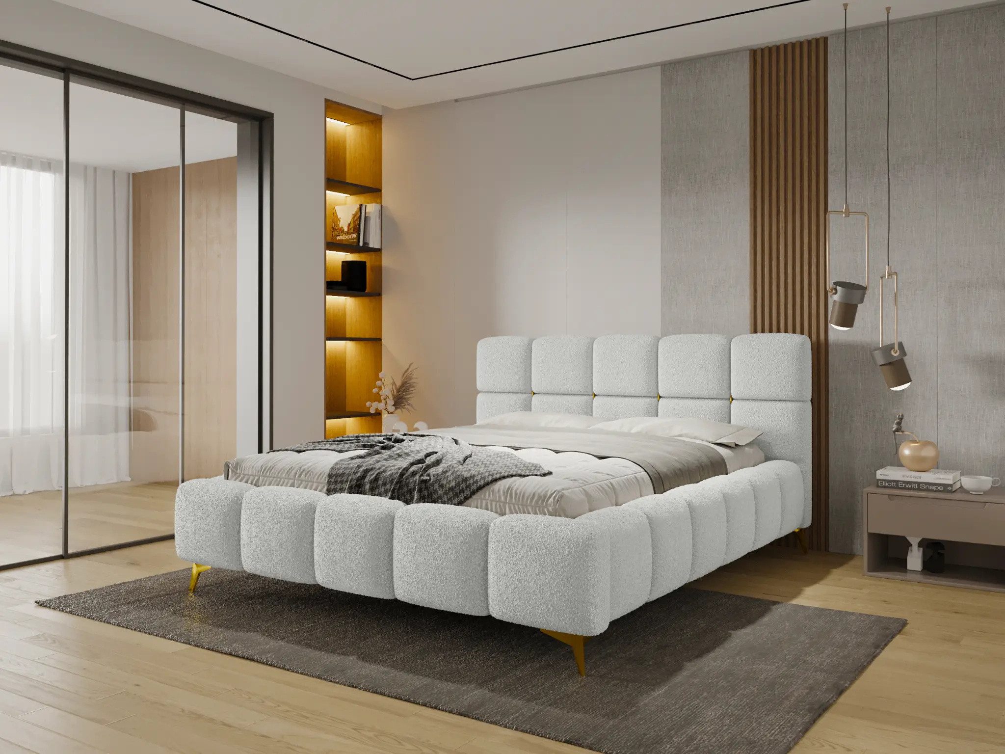 Parllo Polsterbett Bouclé goldene Knöpfe Stauraum Hubfunktion Bettkasten Metallrahmen (Boxbett ohne Matratze in vielen Farben, 1-tlg., 120x200 140x200 160x200 180x200 200x200cm), Doppelbett gepolstertes Kopfteil modern