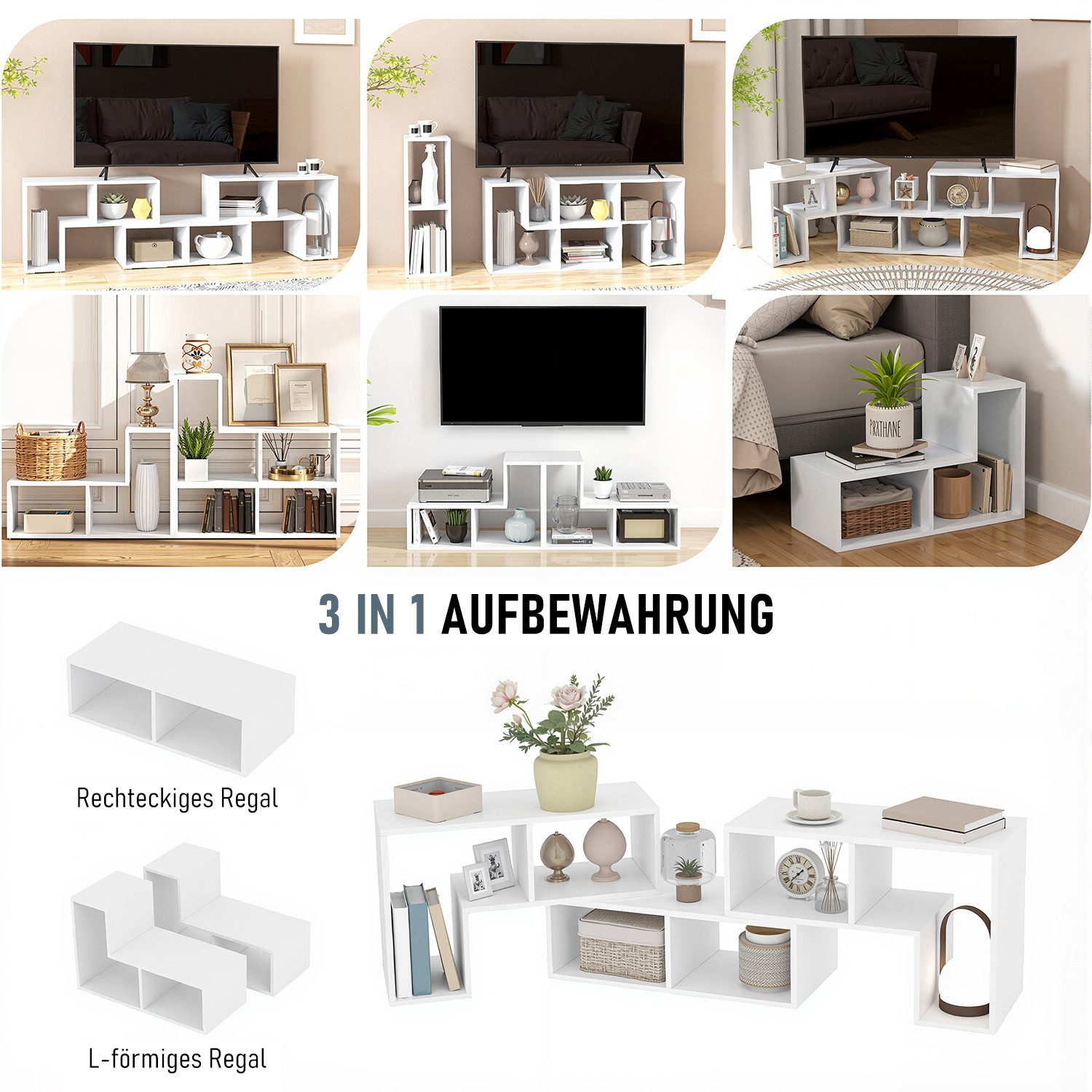 oyajia Lowboard Fernsehschrank TV-Schrank frei kombinierbar (TV-Regal freie Kombination, mit offenen Regalen), Lange 134-180cm, für Fernseher bis zu 75 Zoll, bis 50 kg belastbar