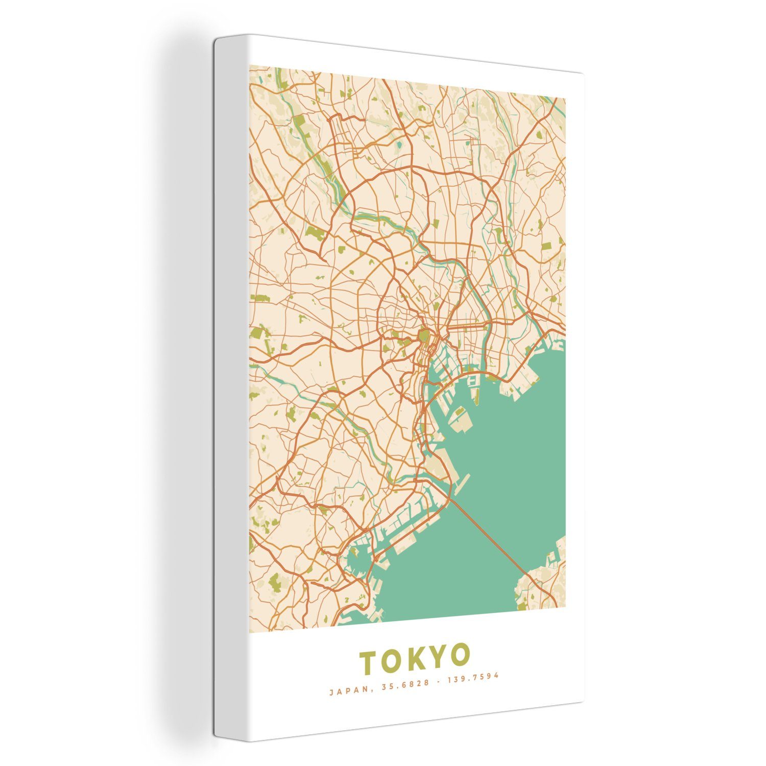- 20x30 (1 inkl. Gemälde, fertig Karte, cm - Leinwandbild OneMillionCanvasses® Zackenaufhänger, Vintage Leinwandbild Stadtplan bespannt - St), Tokio
