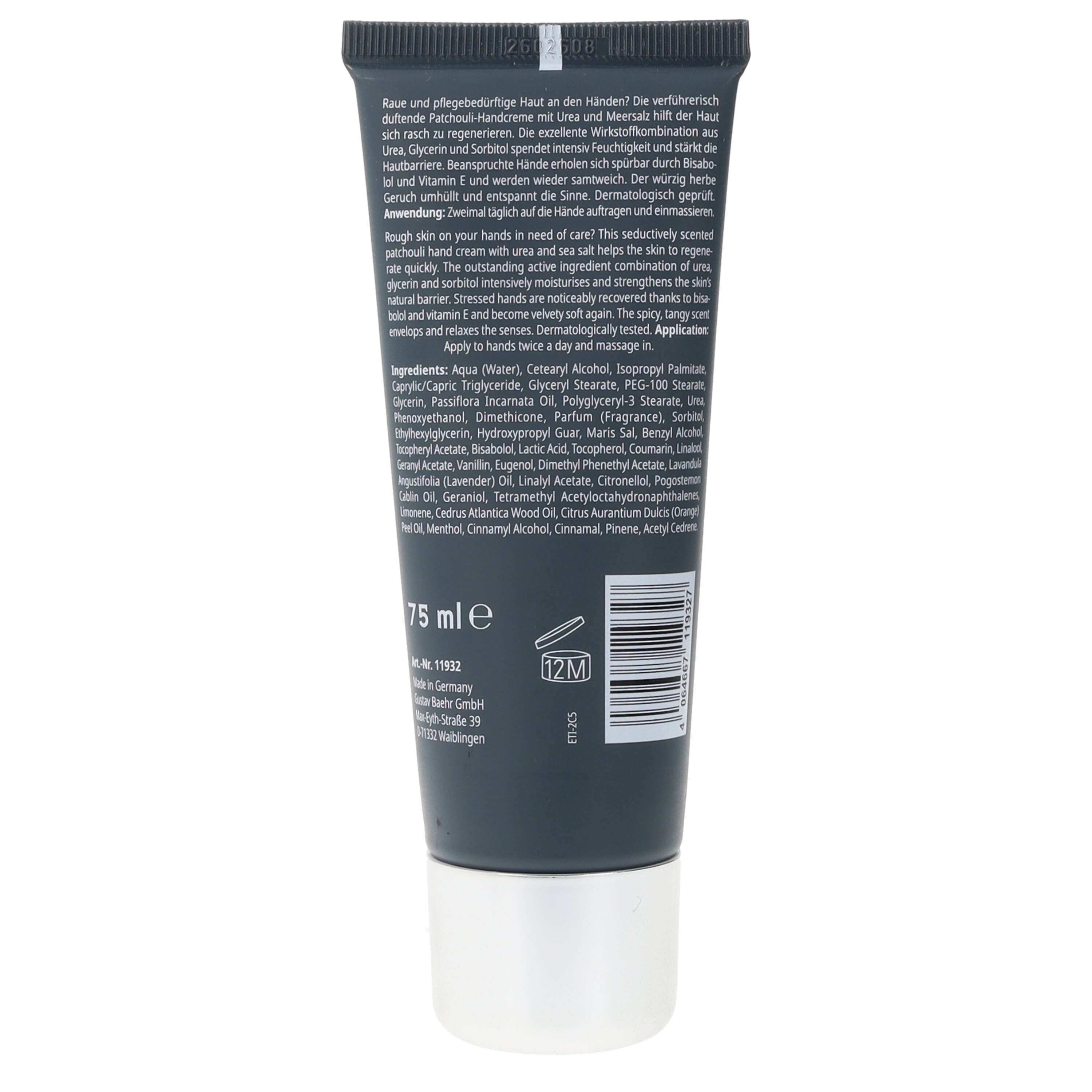 BAEHR BEAUTY CONCEPT Handcreme Baehr Beauty Concept Patchouli-Handcreme 75ml würzig-herber Duft, 1-tlg., Vitamin E, Urea und Bisabolol pflegen intensiv