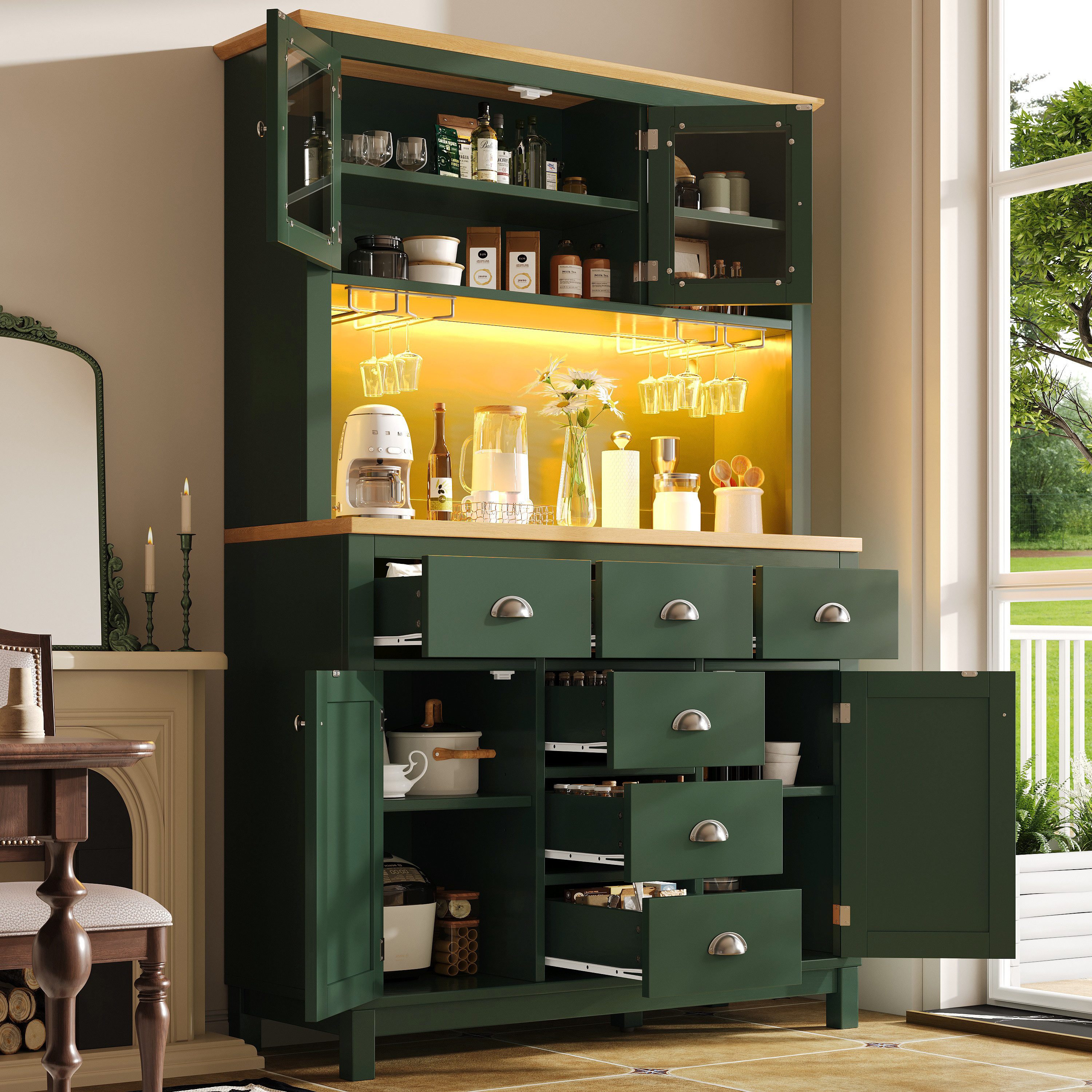 Flieks Küchenbuffet mit Arbeitsplatte in Holzoptik Natur & LED-Beleuchtung in Retro-Stil (1-St., B104/T40/H180 cm) Hochschrank Küchenschrank mit Gläserhalter, Schubladen und Glastüren
