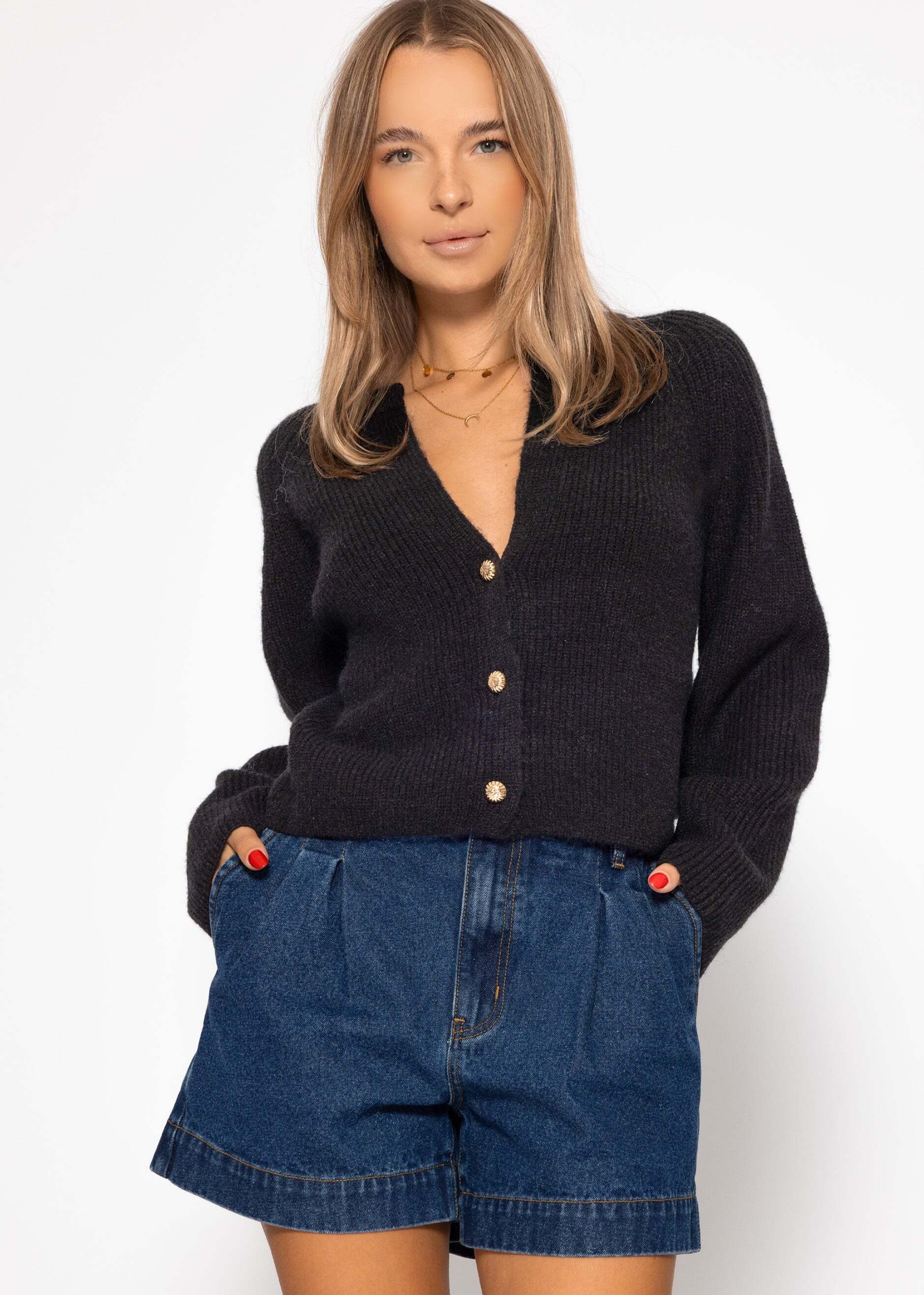 SASSYCLASSY Cardigan Cardigan mit V-Ausschnitt für Damen Weiche Strickjacke mit goldfarbenen Knöpfen Braun Grün Rosa Schwarz