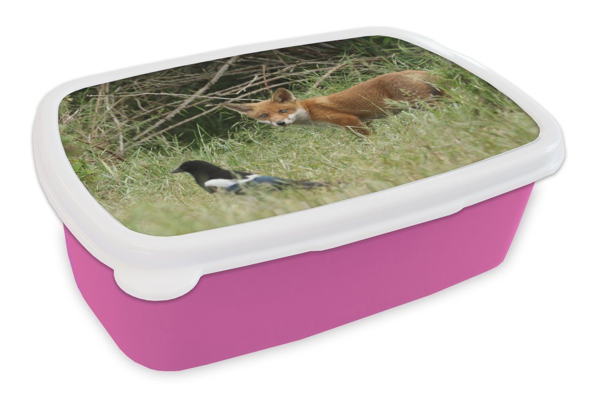 MuchoWow Lunchbox Tiere - Vogel - Fuchs, Kunststoff, (2-tlg), Brotbox für Erwachsene, Brotdose Kinder, Snackbox, Mädchen, Kunststoff rosa