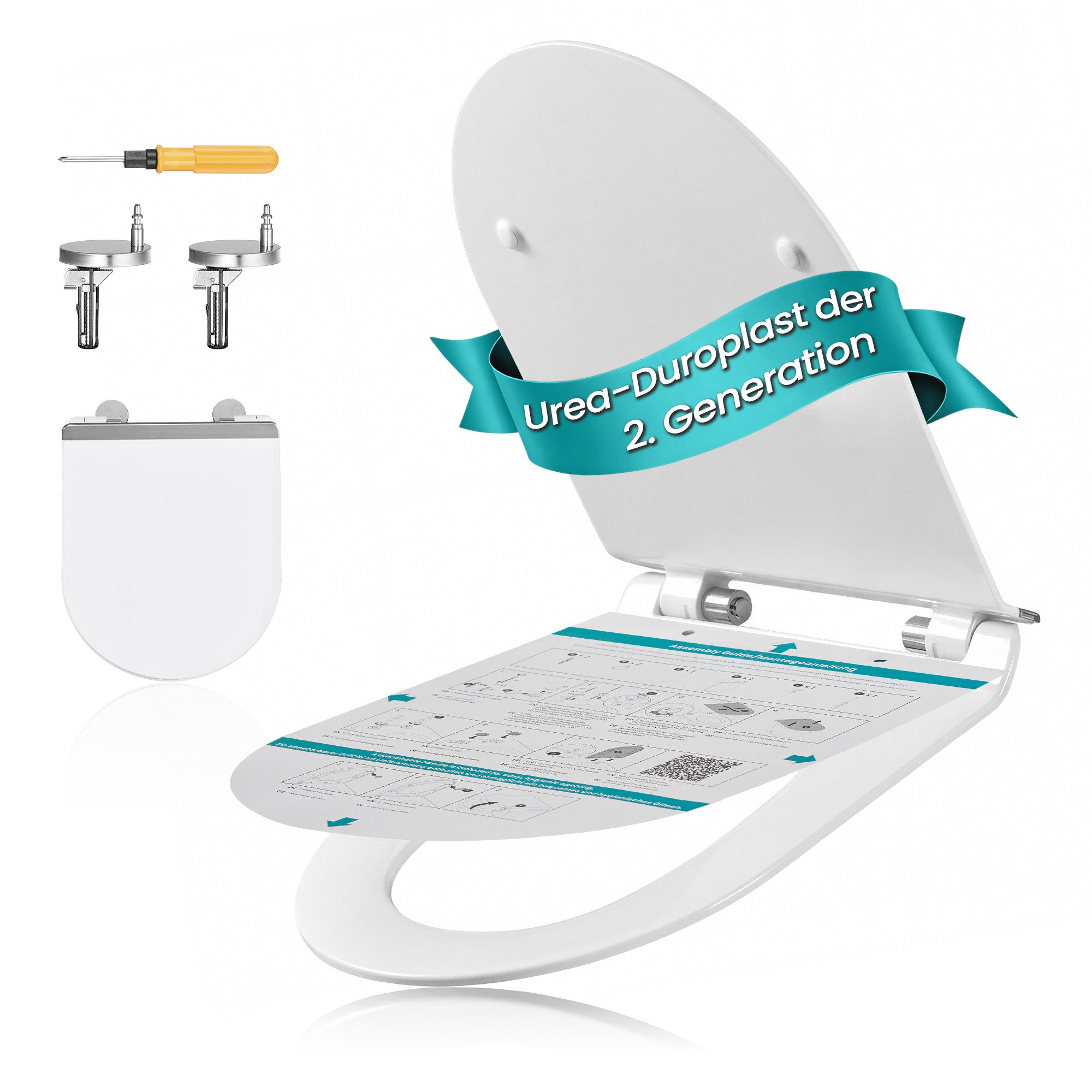 SONGMICS WC-Sitz Urea-Duroplast, belastbar mit 300 kg, O-Form D-Form, WC-Sitz kurze D-Form, Absenkautomatik, abnehmbarer Toilettendeckel