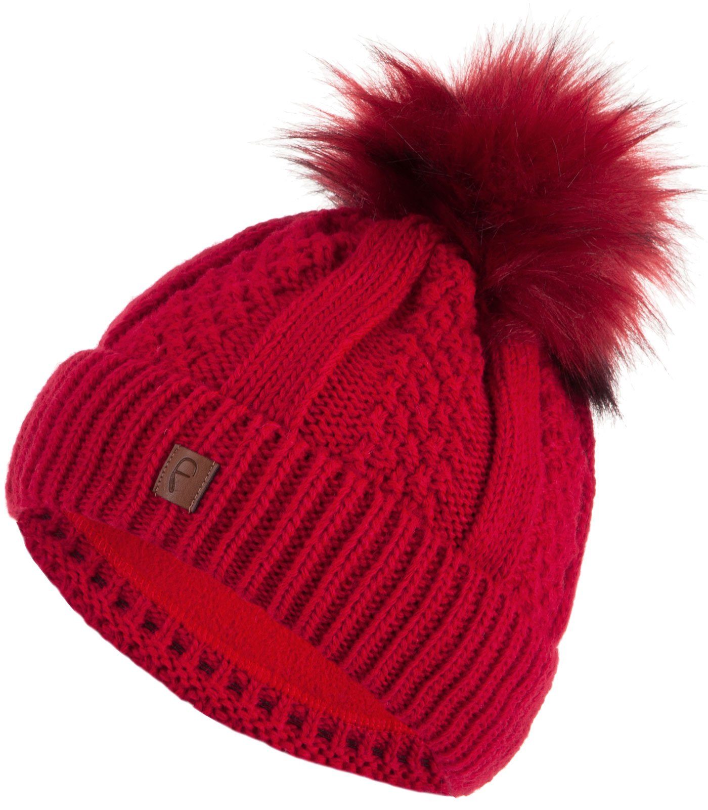 Faera Bommelmütze Wintermütze Damen Herren Mützen Beanie Haube gefüttert Strickmütze rot