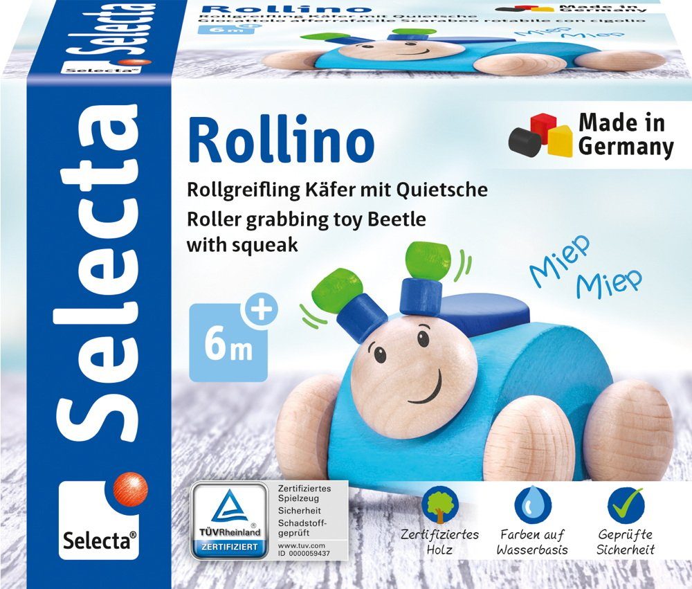 Selecta Greifling Holz Rollspielzeug Rollino Käfer blau Quietsche krabbeln 61073