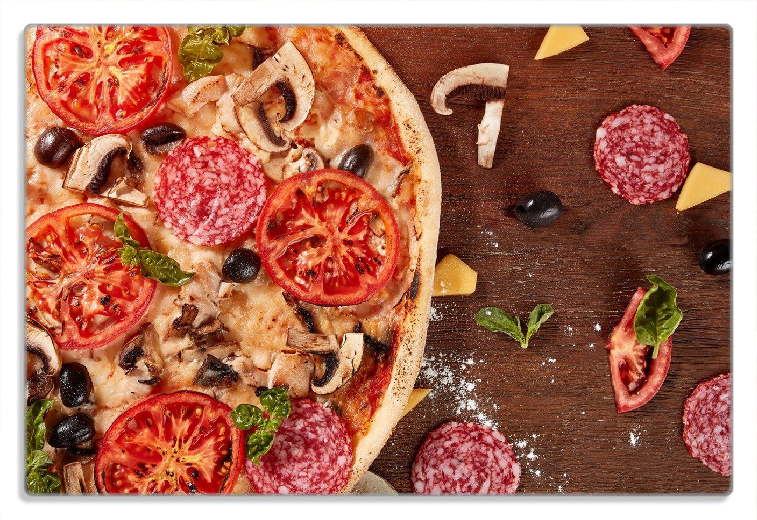 Absolut günstigster Preis Wallario Frühstücksbrett Pizza mit (inkl. rutschfester Salami, 20x30cm 1-St), Tomaten, Pilzen, und 4mm, Oliven Gummifüße