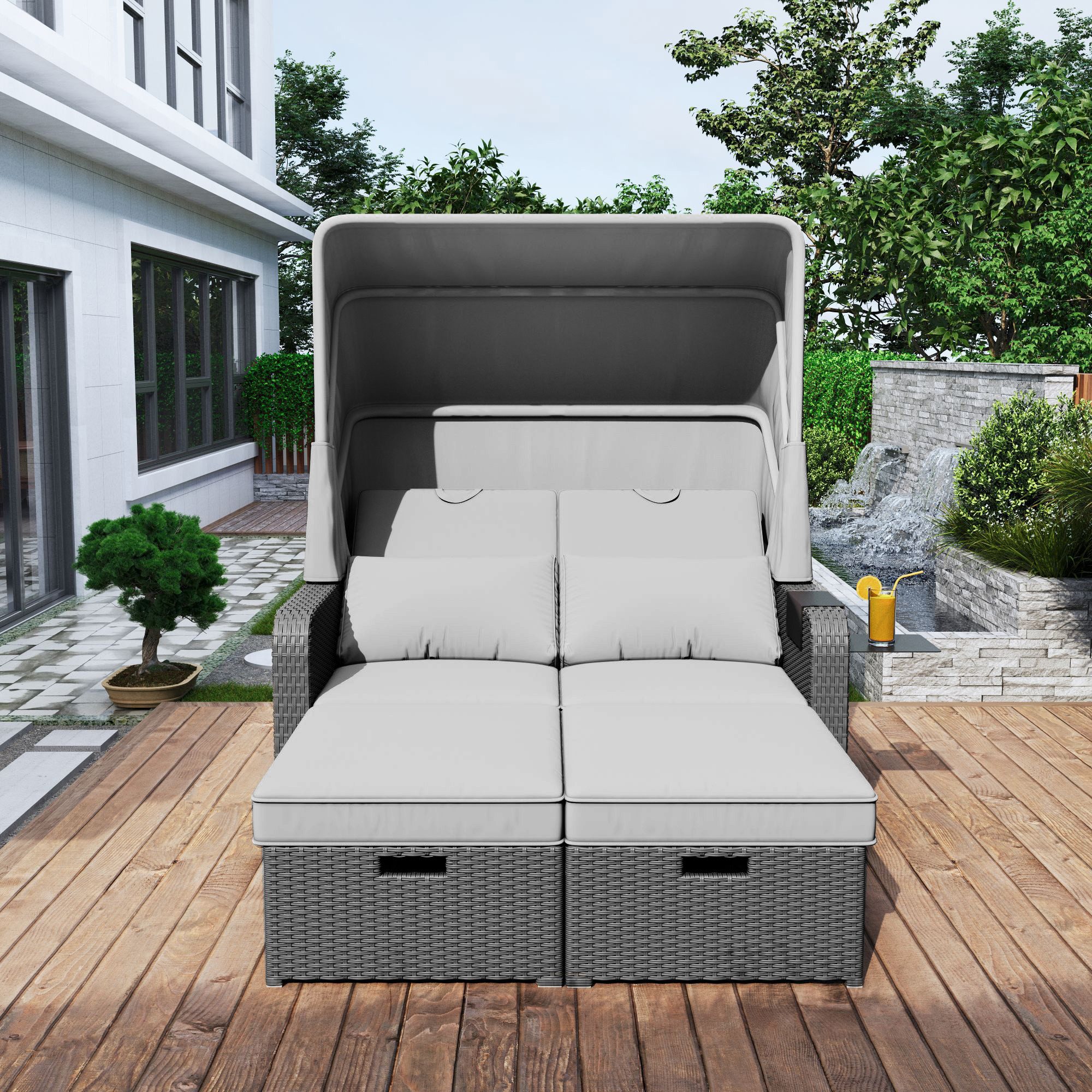 Celya Gartenlounge-Set Gartenlounges, Gartenmöbel Set 2 Personen, Gartensofa, Loungesofa, (Abnehmbare Markise,Polyrattan und Schwamm, Grau), Polyrattan Gartenmöbel für 2 Personen