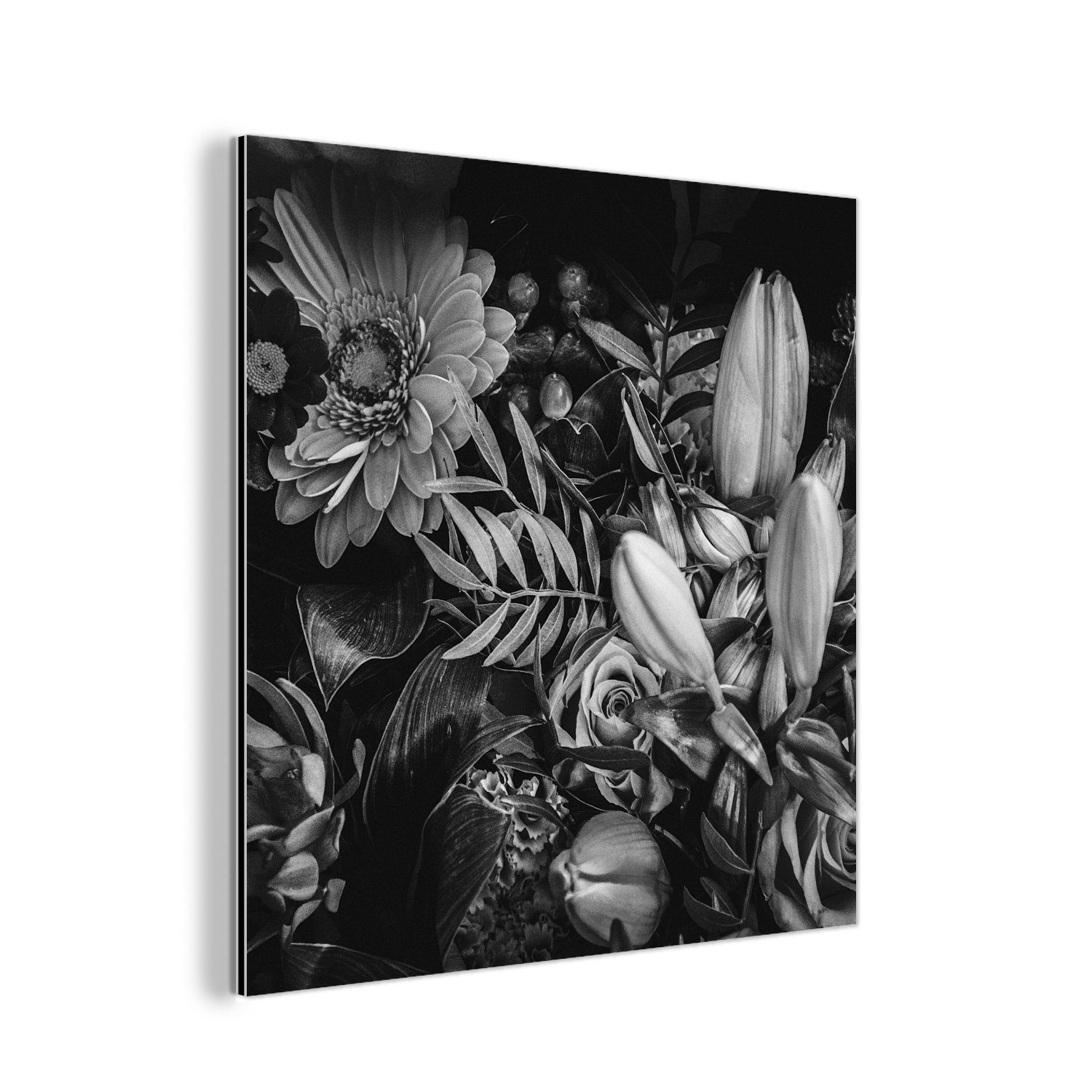MuchoWow Metallbild Blumenstrauß - Stilleben - Blumen - Pflanzen - Rot, (1 St), Alu-Dibond-Druck, Gemälde aus Metall, Aluminium deko
