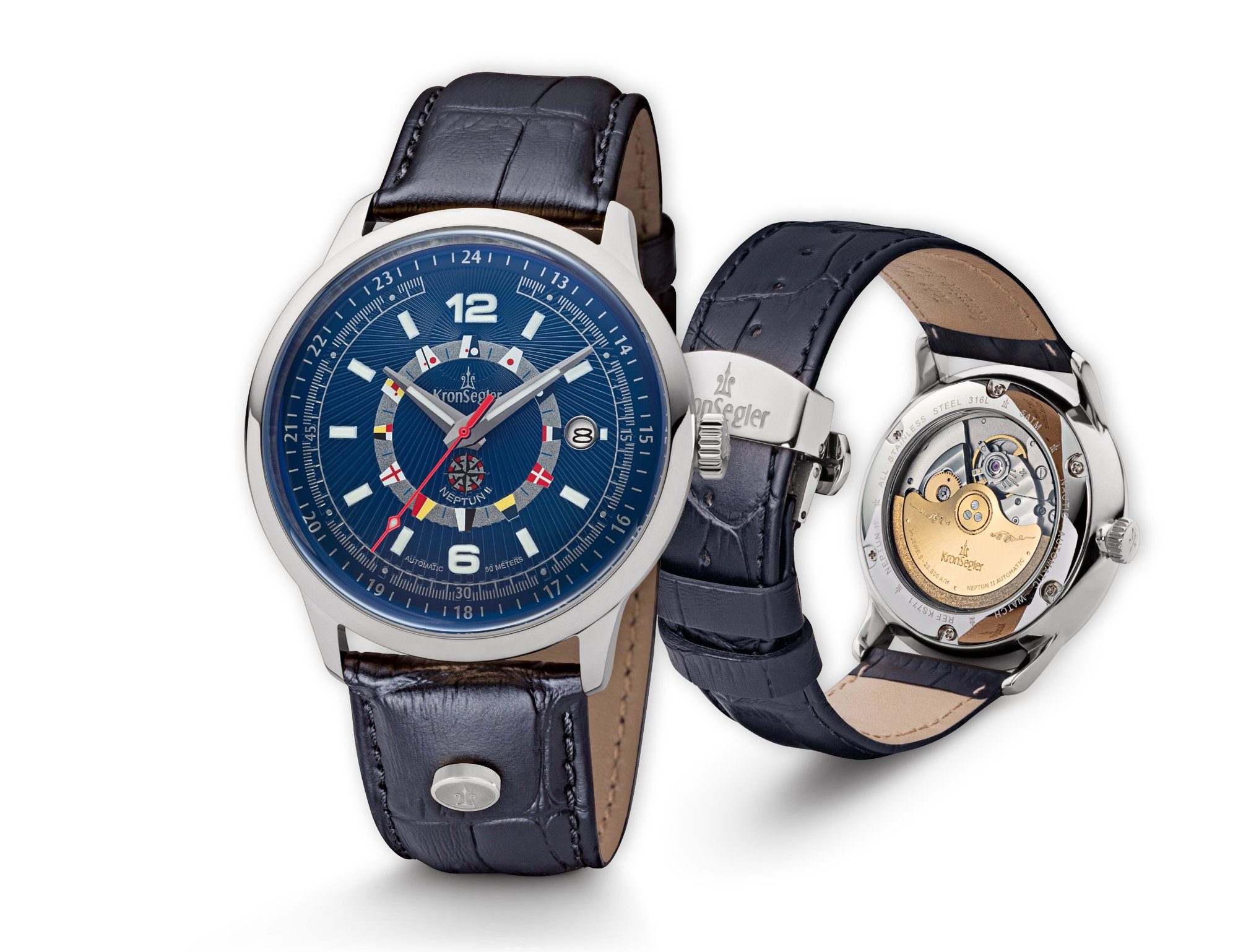 Kronsegler Automatikuhr Neptun II Herren Armbanduhr mit Lederband, mit nautischen Flaggen und 30-lagiger Superluminova