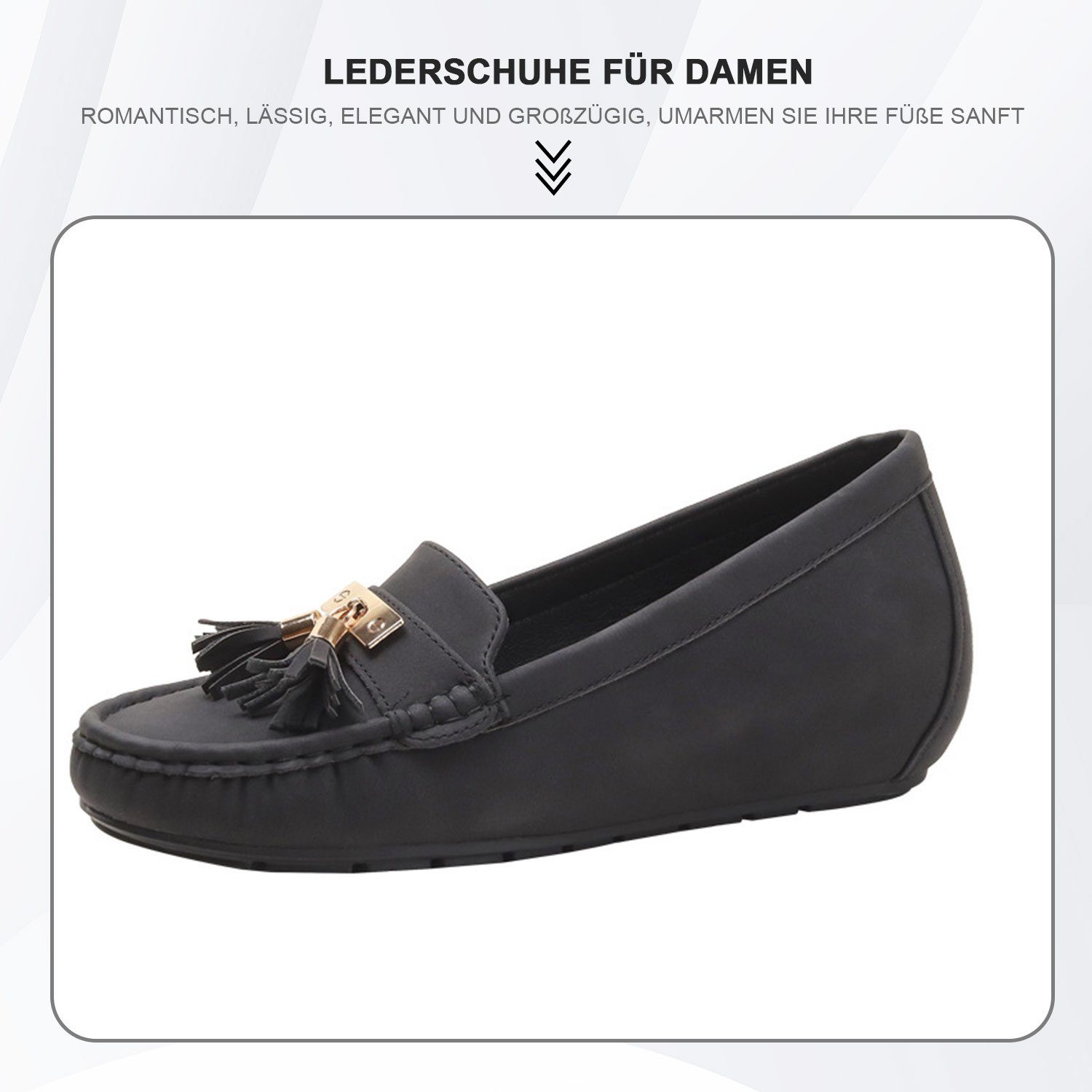 Daisred Damen Slipper Elegant Leder Stabiler, Schwarz Loafer Loafer Quaste mit