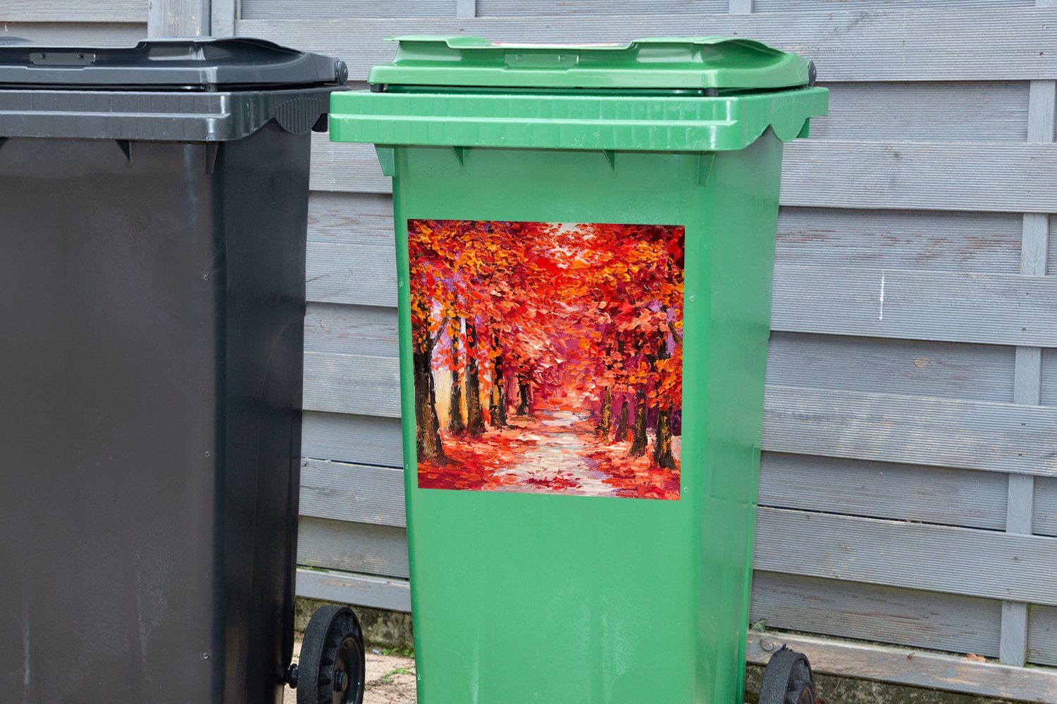 Ölgemälde MuchoWow Bäume Gemälde Container, Sticker, - St), - (1 Mülltonne, Mülleimer-aufkleber, - Herbst Wandsticker Abfalbehälter