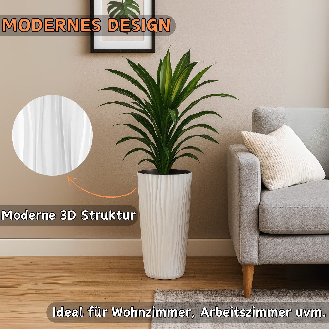 Engelland Blumentopf Pflanztopf mit herausnehmbarem Einsatz & Bewässerungssystem (1 St., robuster PP-Kunststoff), Wasserspeicher, Rillenoptik, hoch, rund, modern, UV-resistent