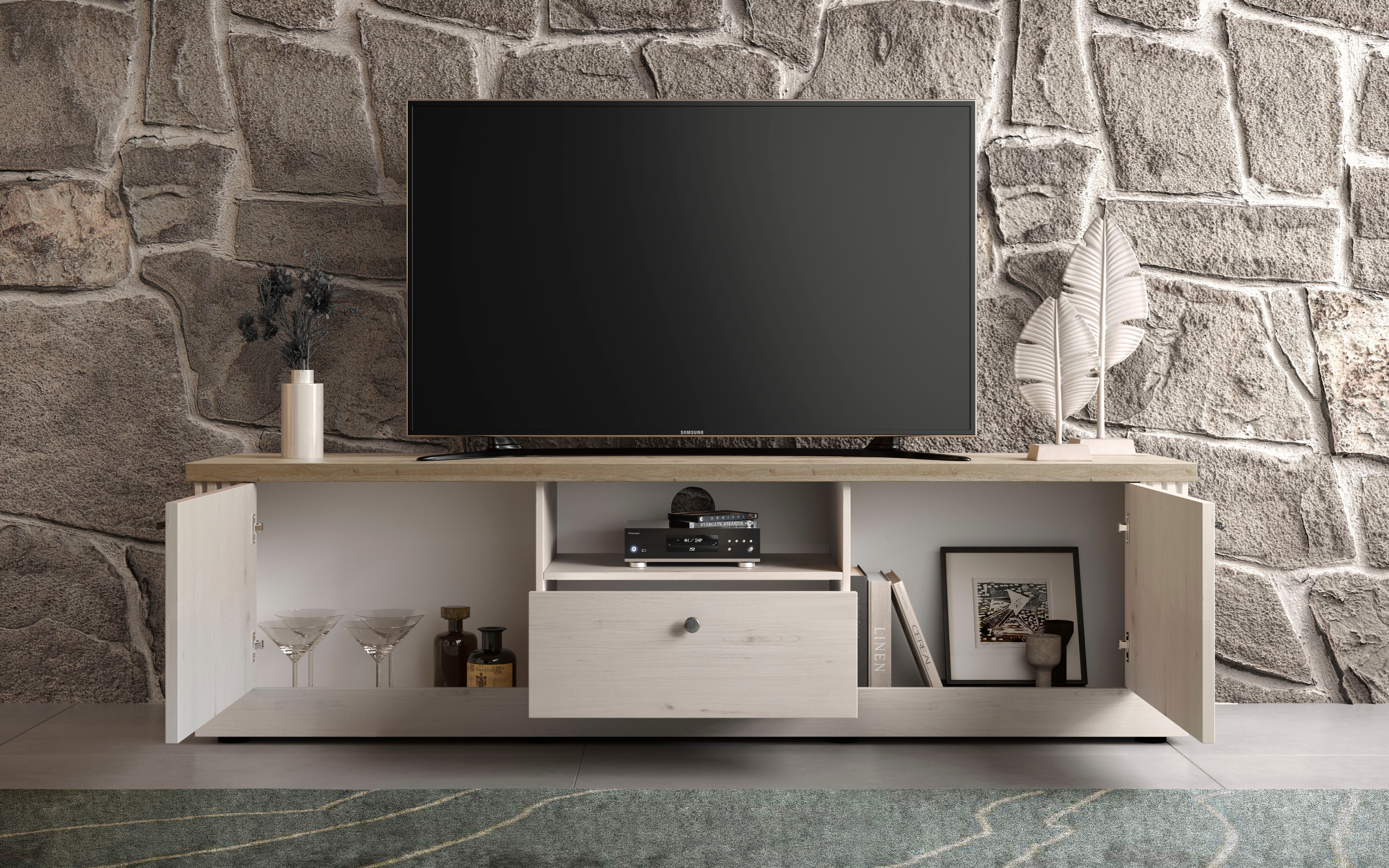 OTTO home Lowboard Country Breite 211 cm, TV-Board 2 Türen u. 1 Schubkasten, TV-Schrank, im Landhausstil, viel Strauraum, mit Metallgriffe, MDF Rahmen – Bild 3 von 5