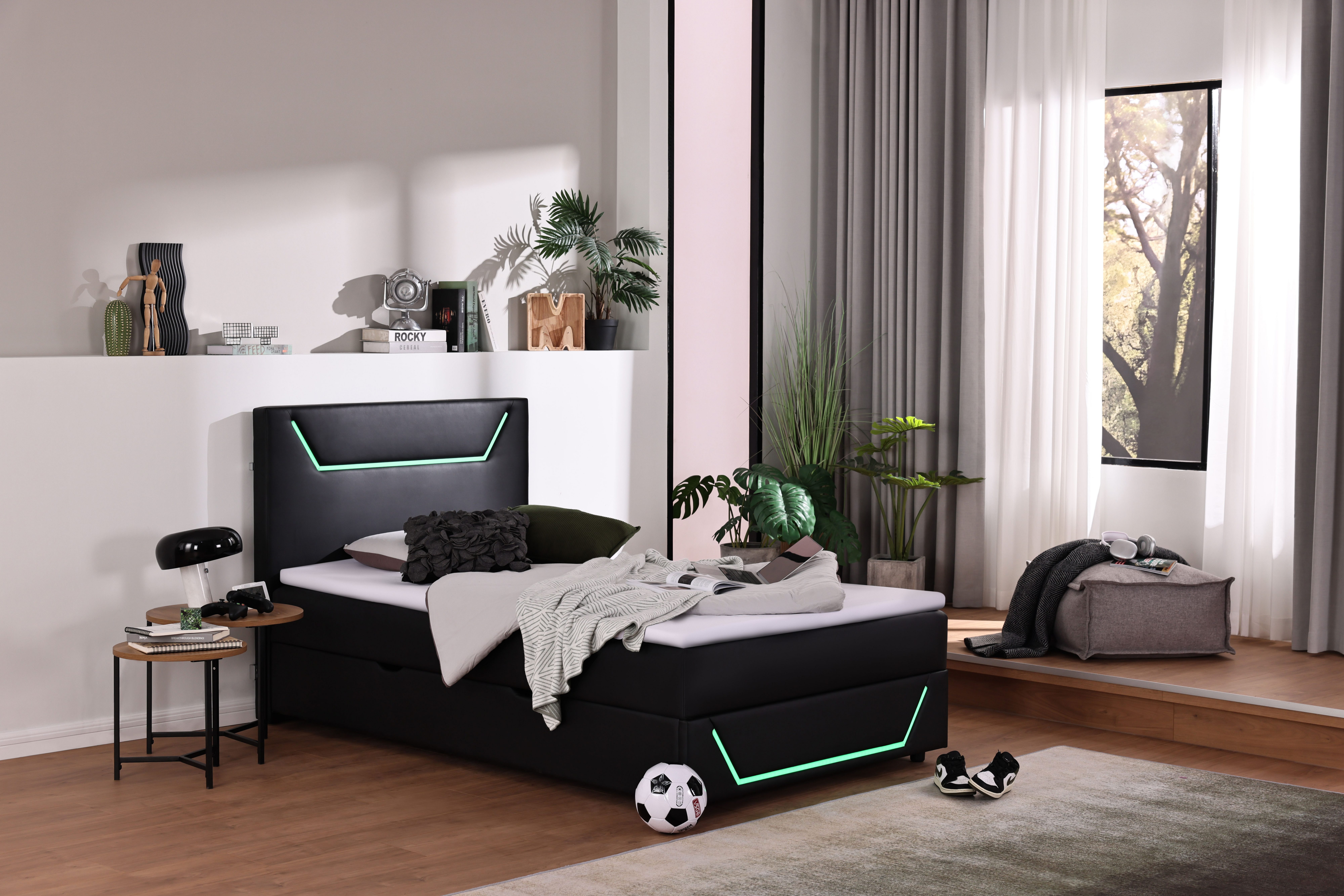 Home affaire Boxbett GALAXY inkl. Bettkasten, mit grüner LED-Beleuchtung, Breite: 120cm, Gamingbett mit USB-C und USB-A Anschluss am Kopfteil, inkl. Topper