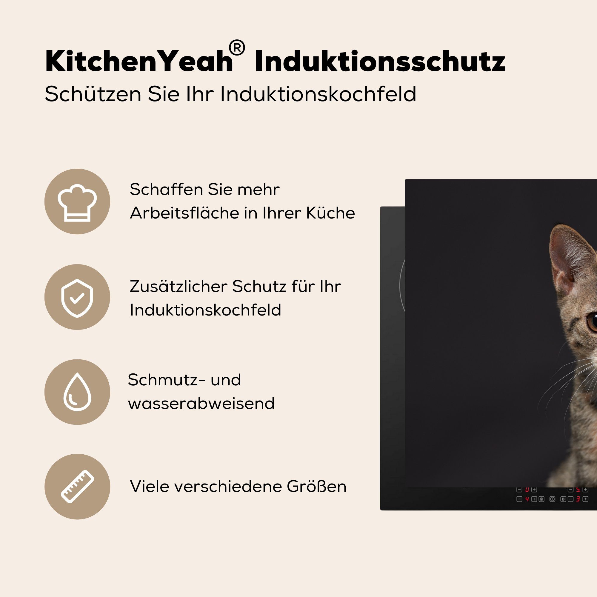 MuchoWow Herdblende-/Abdeckplatte Katze - - cm, Schwarz (1 Induktionsmatte küche, tlg), Porträt, 59x52 für Vinyl, Ceranfeldabdeckung die