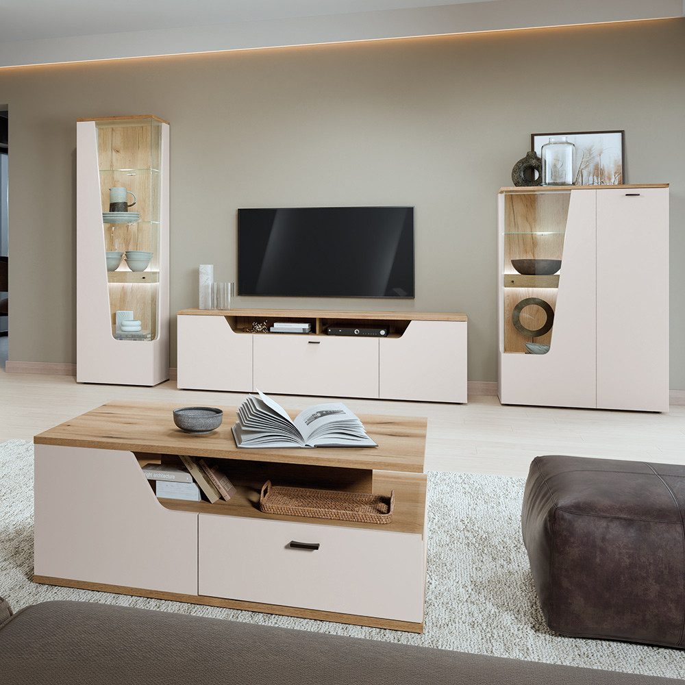 Lomadox Wohnzimmer-Set CARMONA-129, (Mega-Spar-Set, 4-St., Couchtisch Highboard Lowboard Vitrine), in Kaschmir und Eiche, inkl. LED-Beleuchtung