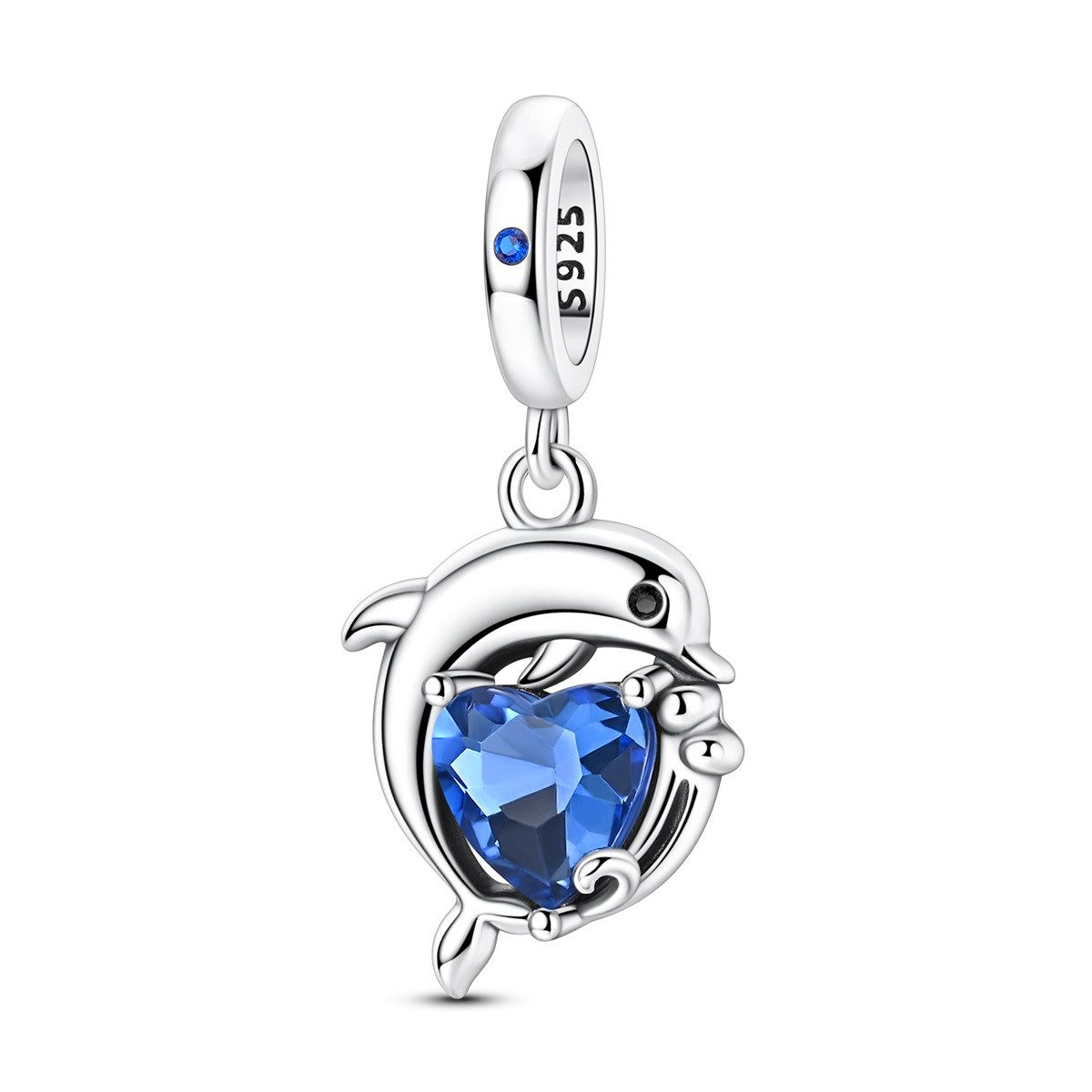 PANDACHARMS Bead Delfin mit Blauem Herz Charm Anhänger, 925er Sterling Silber