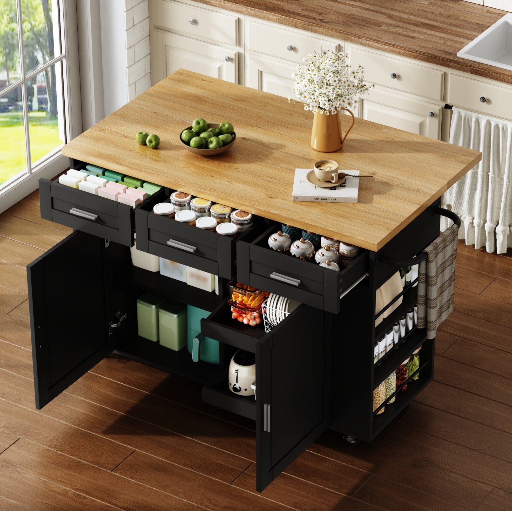 OKWISH Kücheninsel 120×45(70)×84 cm Küchenwagen mit klappbarer Arbeitsplatte, (Buffetschrank mit Rollen Steckdosen und Schrank Organizer), Stauraumschrank mit Müllschrank und Schublade für Küche