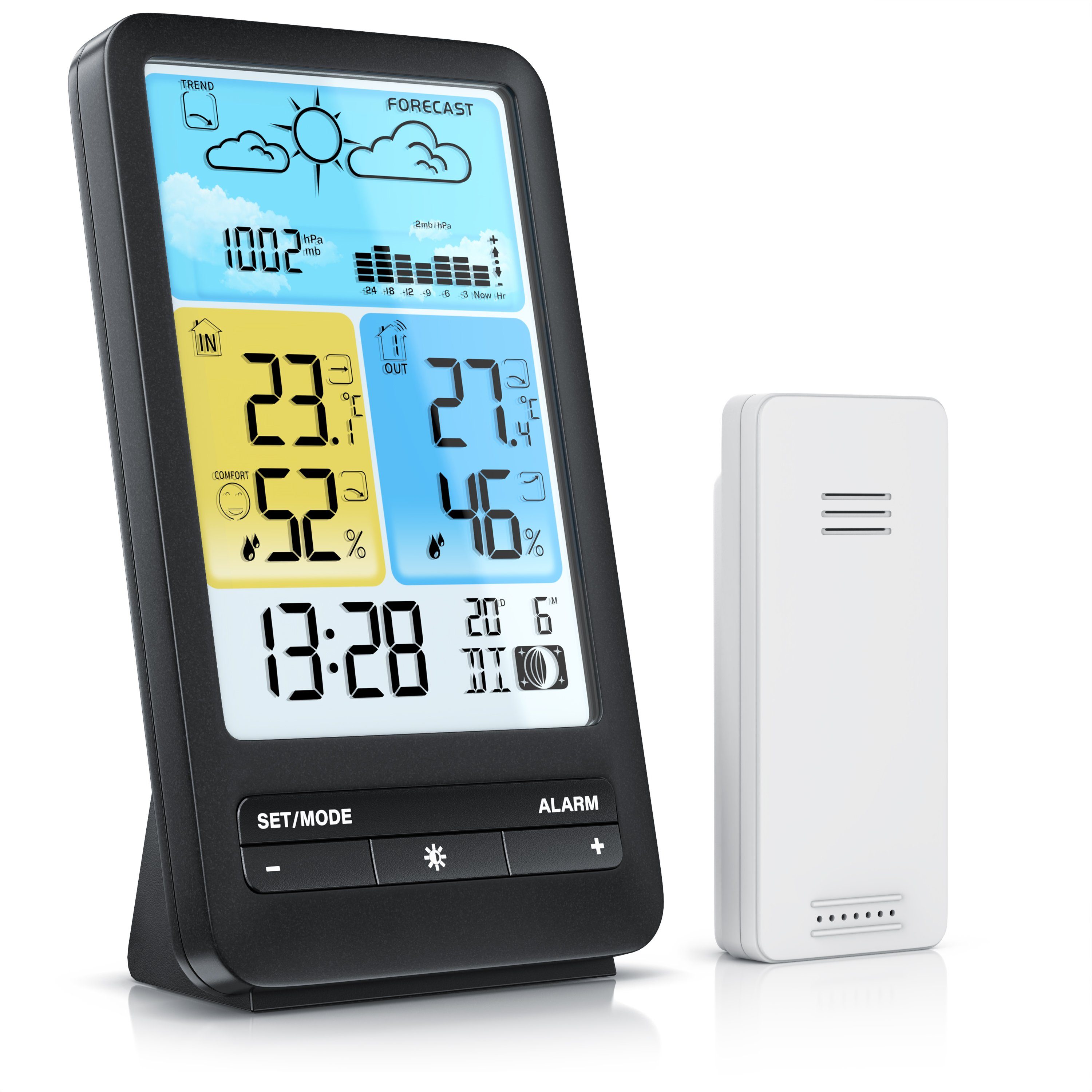 BEARWARE Funk, Prognose, Temperaturtrend, Luftdruck, Temperaturwarnung usw. Wetterstation (mit Außensensor, mit Außensensor und Farbdisplay, DCF-Funkuhr, Innen- & Außentemperatur)