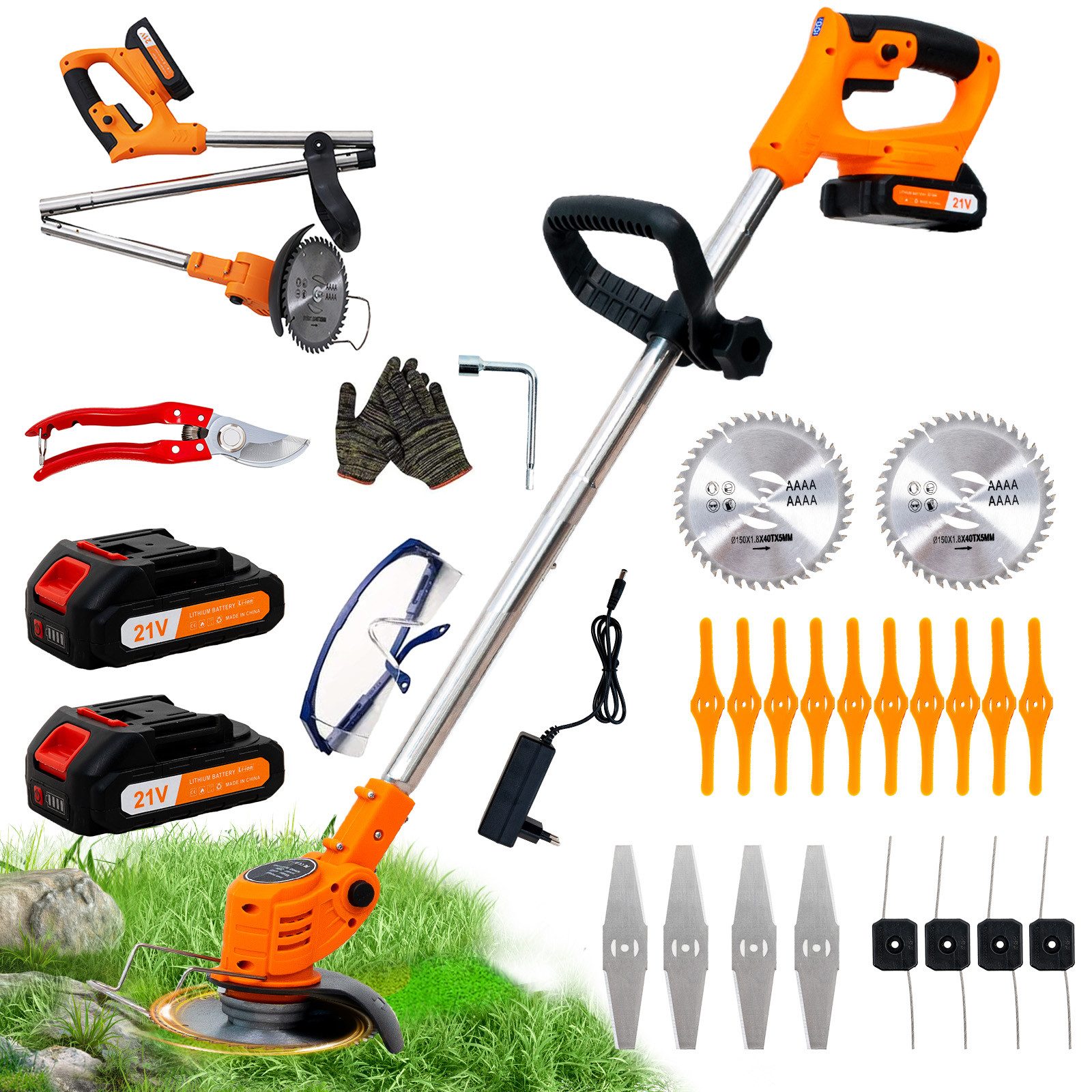 OUTIGO Akku-Rasentrimmer Akku Rasentrimmer, 2 Akkus und 4 Messertypen, KF8L, Akku Rasentrimmer Akkurasenmäher, Feste Länge 124 cm