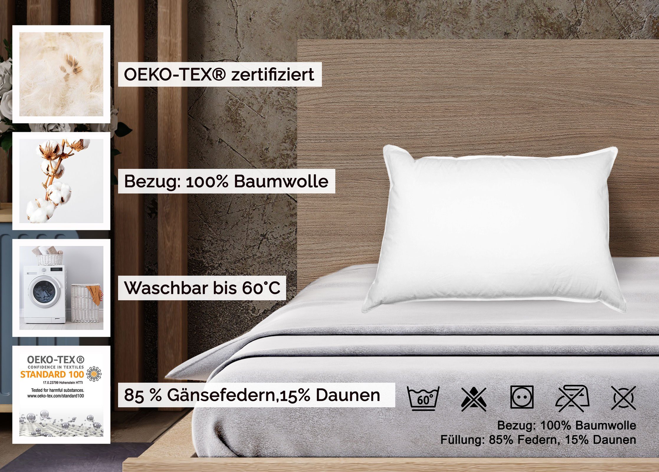 Trocknergeeignet, Seitenschläfer, 85% ZOLLNER, cm, waschbar 15% Daunen, Federn, x Kopfkissen, 80 bis 100% Füllung: Baumwolle, vom 60 60°C, Hotelwäschespezialisten