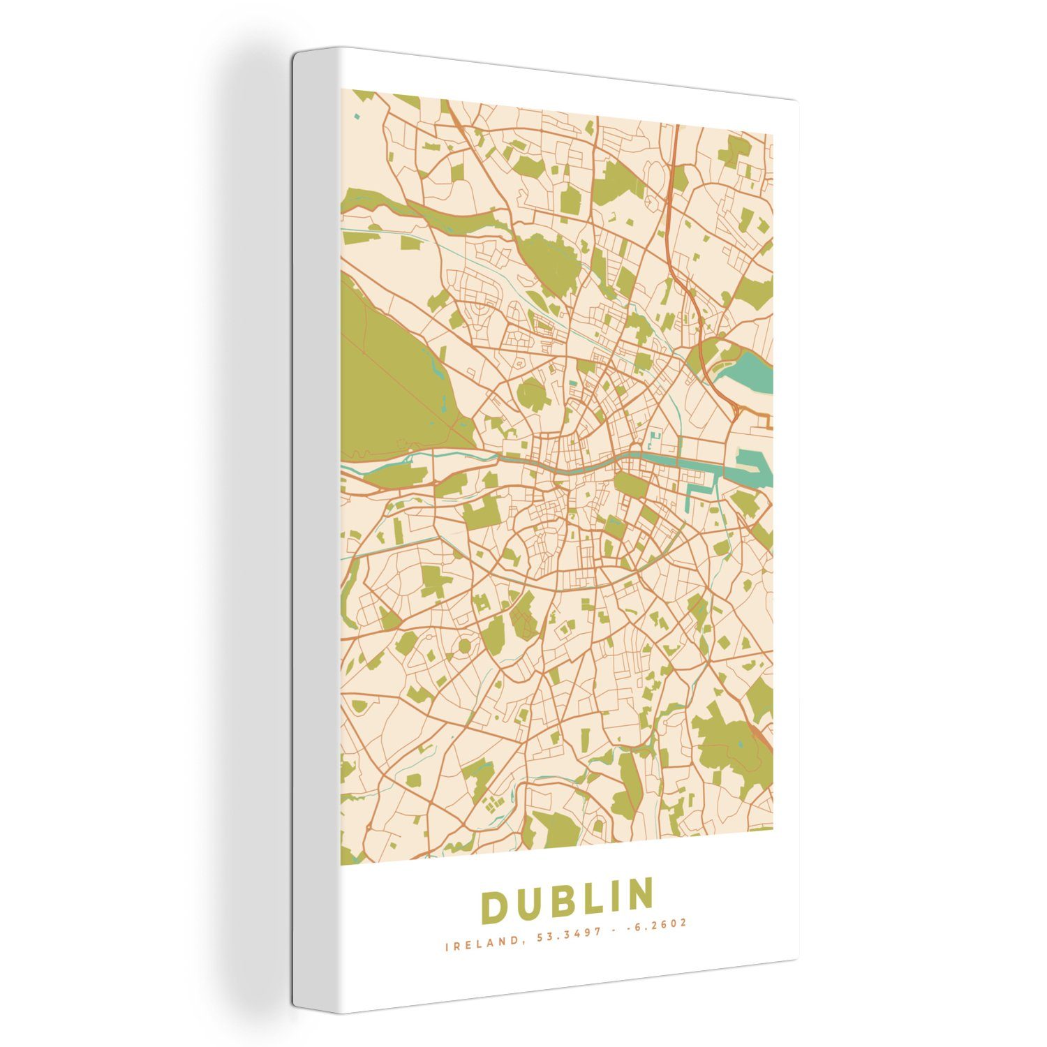 OneMillionCanvasses® Leinwandbild Dublin Zackenaufhänger, Gemälde, inkl. - (1 Vintage, 20x30 Karte Leinwandbild cm St), - fertig bespannt - Stadtplan