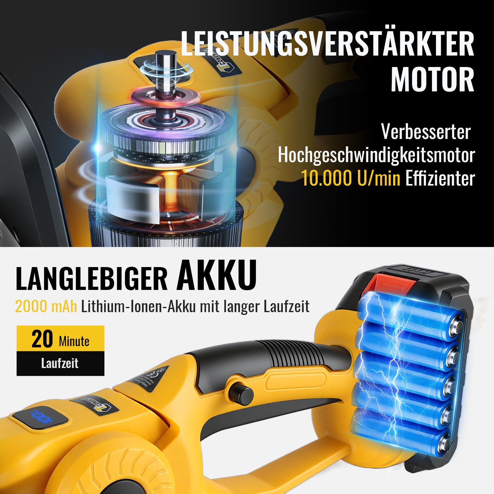 CONENTOOL Akku-Grasschere 2-in-1 Akku Heckenschere 21V, 2x 2000mAh, mit 23/5cm Schnittlänge, SK5 Klingen, kabellos Strauchscherenset